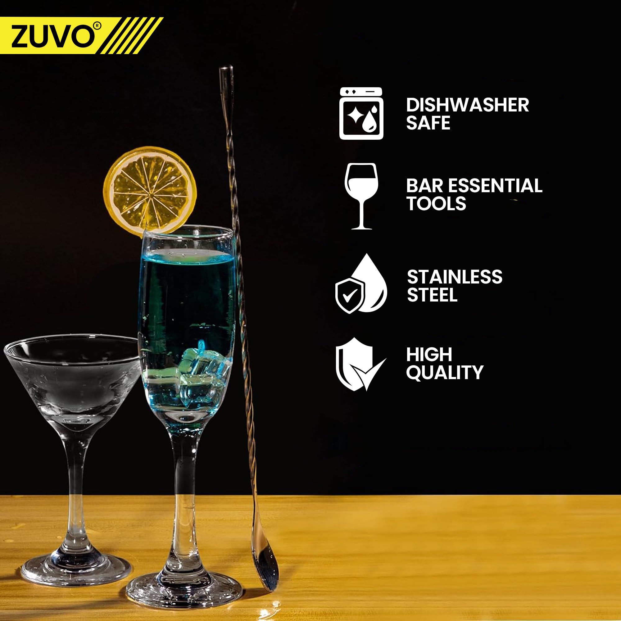 Zuvo Stainless Steel Cocktail Mixing Spoon - 12 Inch Long Bar Spoon | Spiral Grip | Dishwasher Safe 6