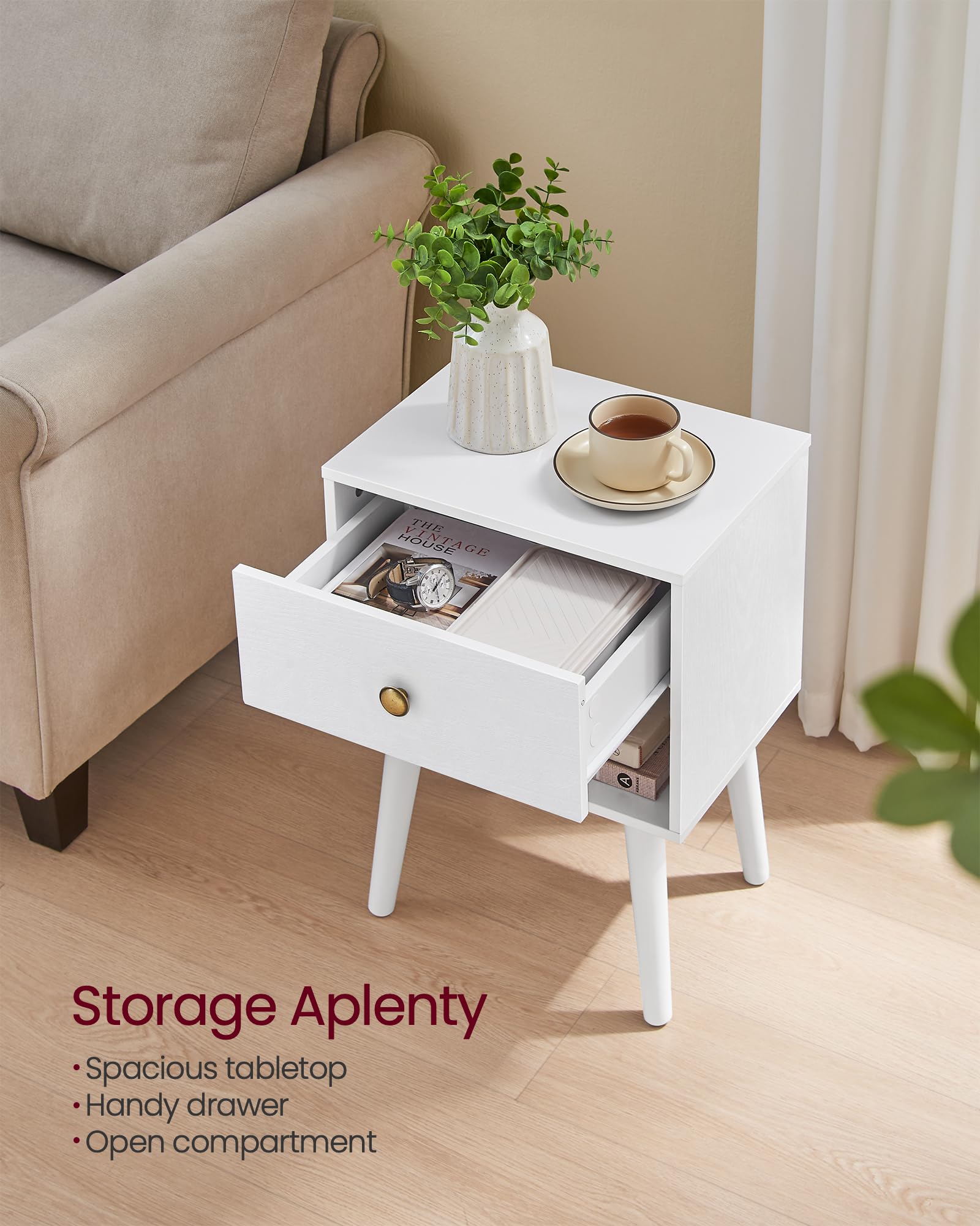 VASAGLE Bedside Table - Cloud White | Storage Drawer & Open Shelf | 28 x 39 x 55 cm 4