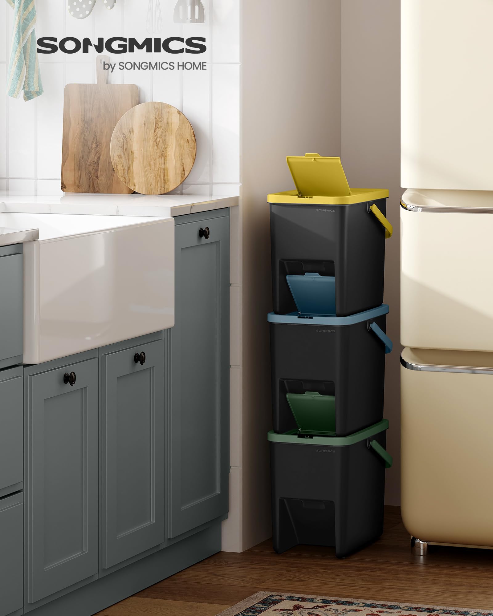 SONGMICS Waste Separation System - Set of 3 Stackable Kitchen Bins | 20 L Each | Press-to-Open 2