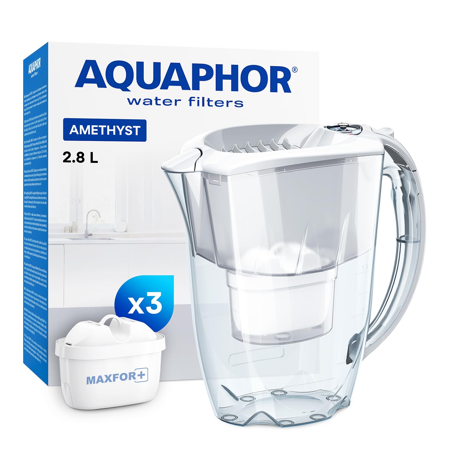 AQUAPHOR Amethyst Water Filter Jug - 2.8L, White | Includes 3 Maxfor+ Cartridges | Reduces Lime & Chlorine