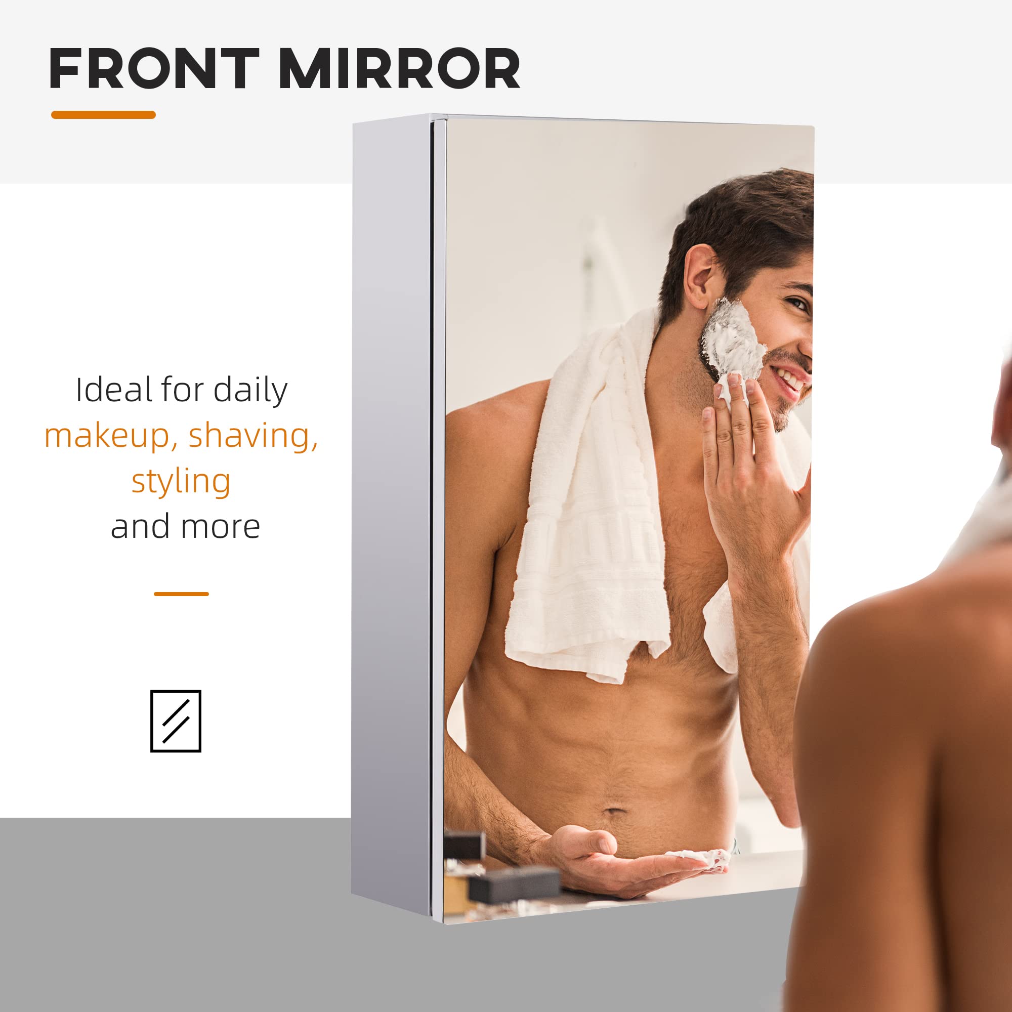 HOMCOM Stainless Steel Wall-mounted Bathroom Mirror Storage Cabinet | 55cm H x 30cm W | Silver 4