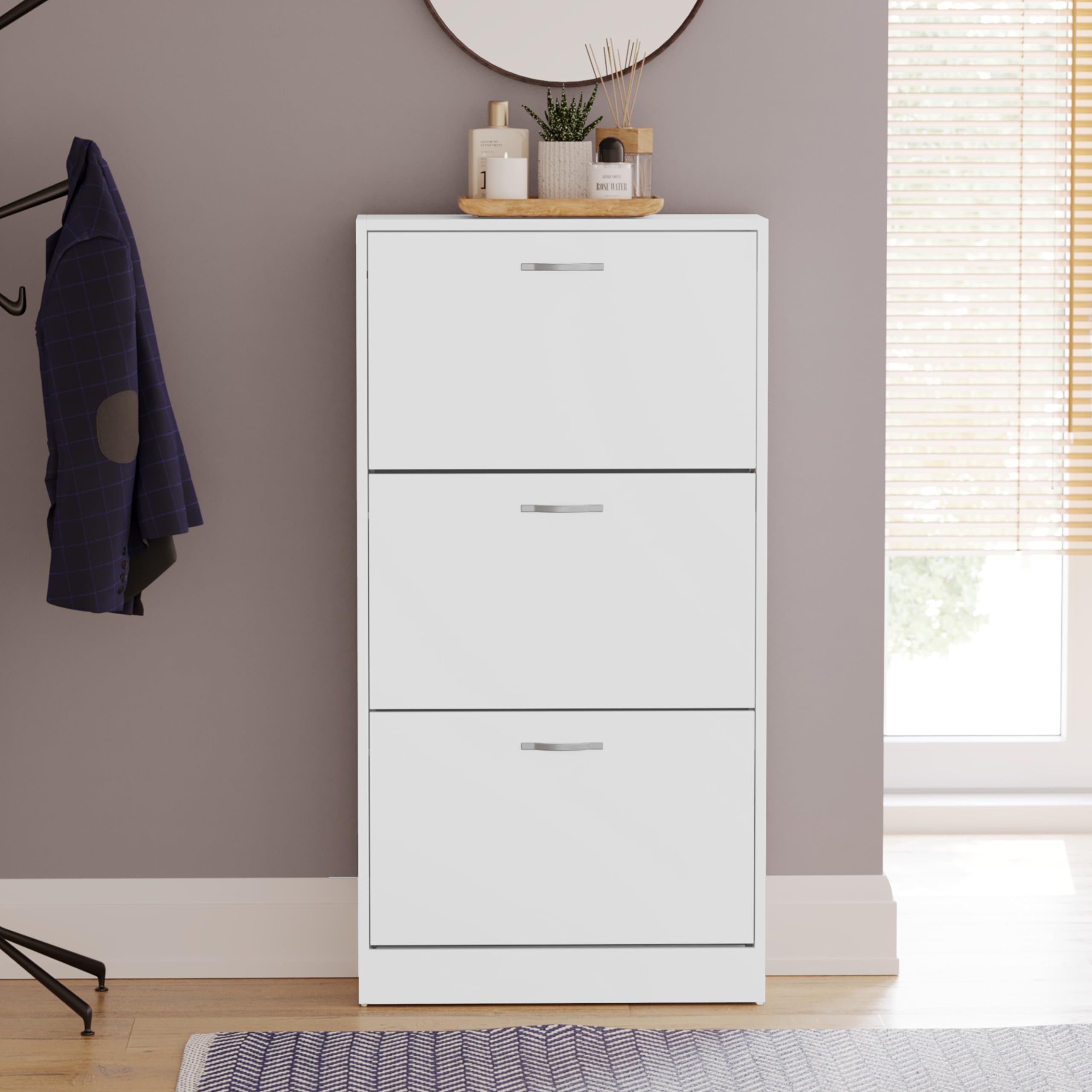 Vida Designs Wooden Shoe Cabinet - 3 Pull-Down Drawers | Slim Entryway Storage | White 4