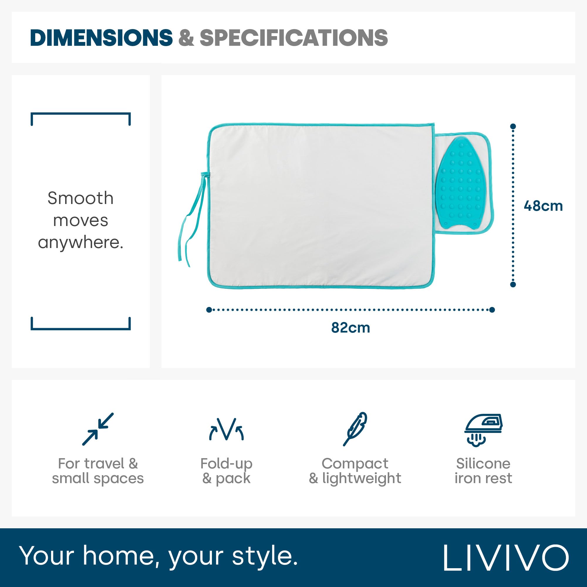 LIVIVO Travel Iron Mat with Silicone Rest Pad | Compact & Lightweight | L82cm x W48cm 9