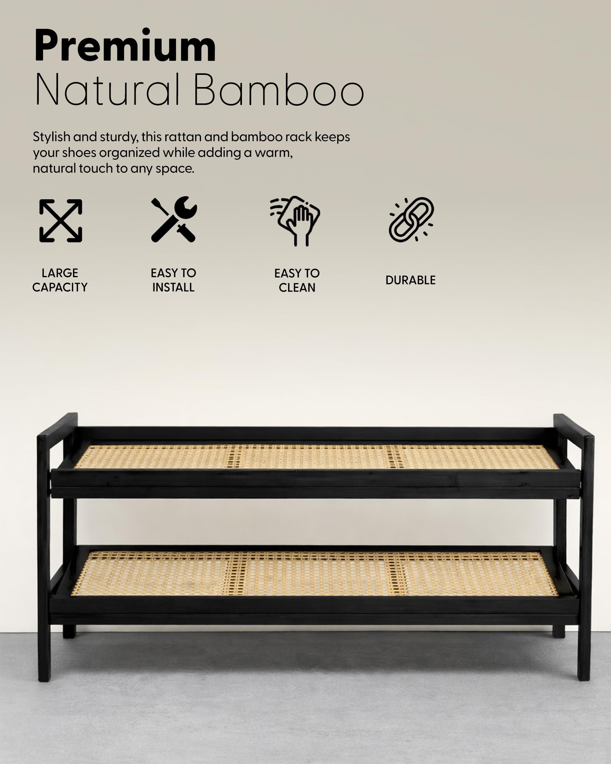 KEPLIN 2 Tier Bamboo & Rattan Shoe Rack Organizer | Compact 70cm Width | Natural/Black Finish 6