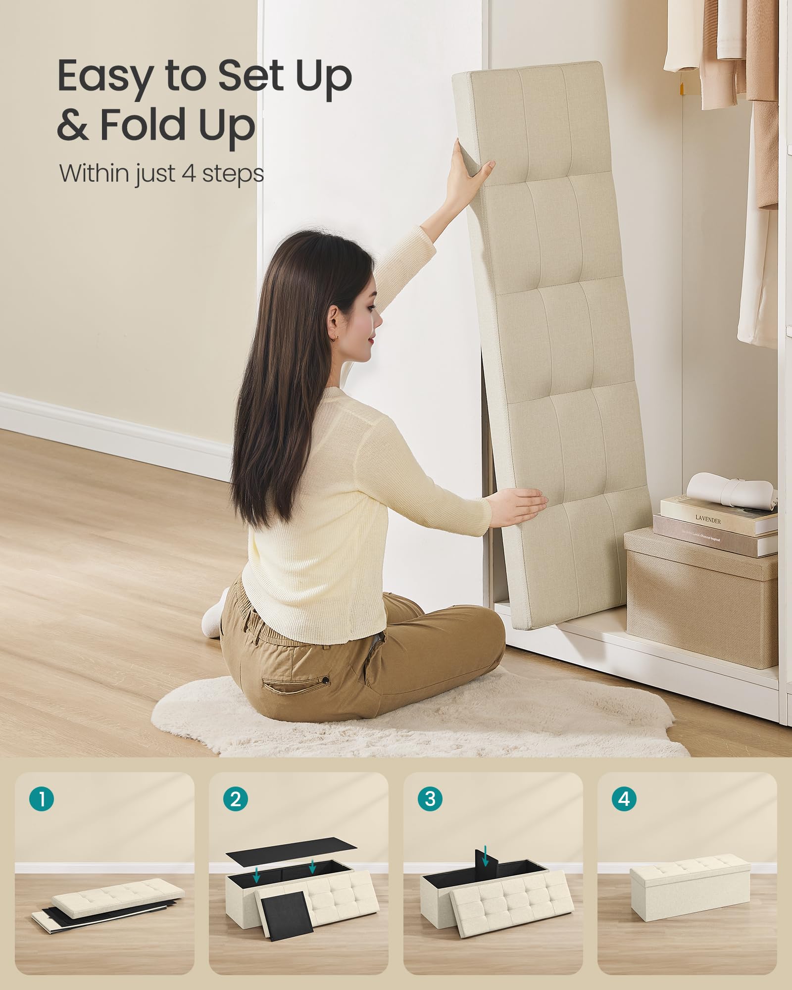 SONGMICS MAZIE Storage Ottoman Bench - 110 cm Folding Foot Rest | 300 kg Capacity | Cream White 6