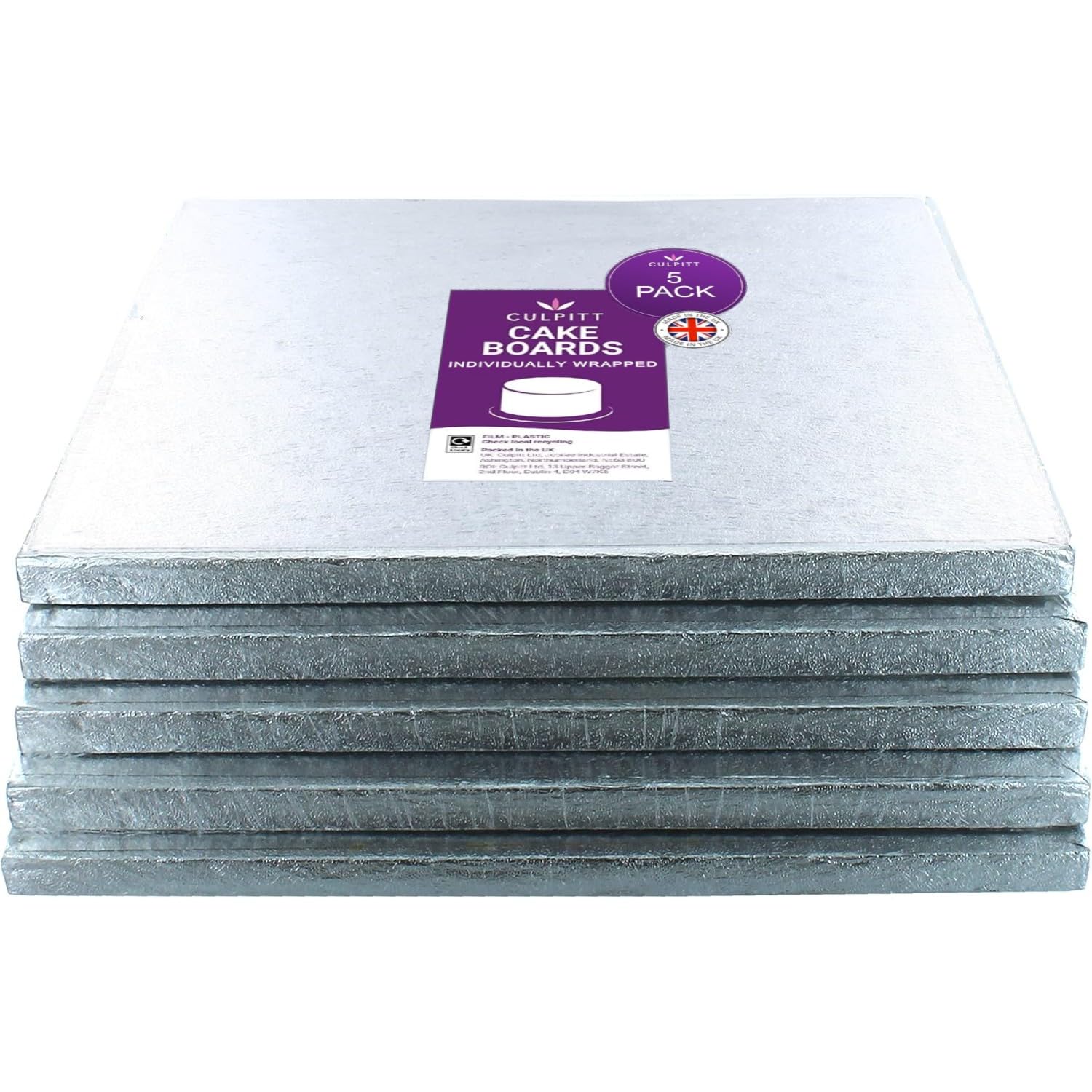 Culpitt 12' Square Silver Cake Drum Board - Pack of 5 | 13mm Thick | Individually Wrapped 1