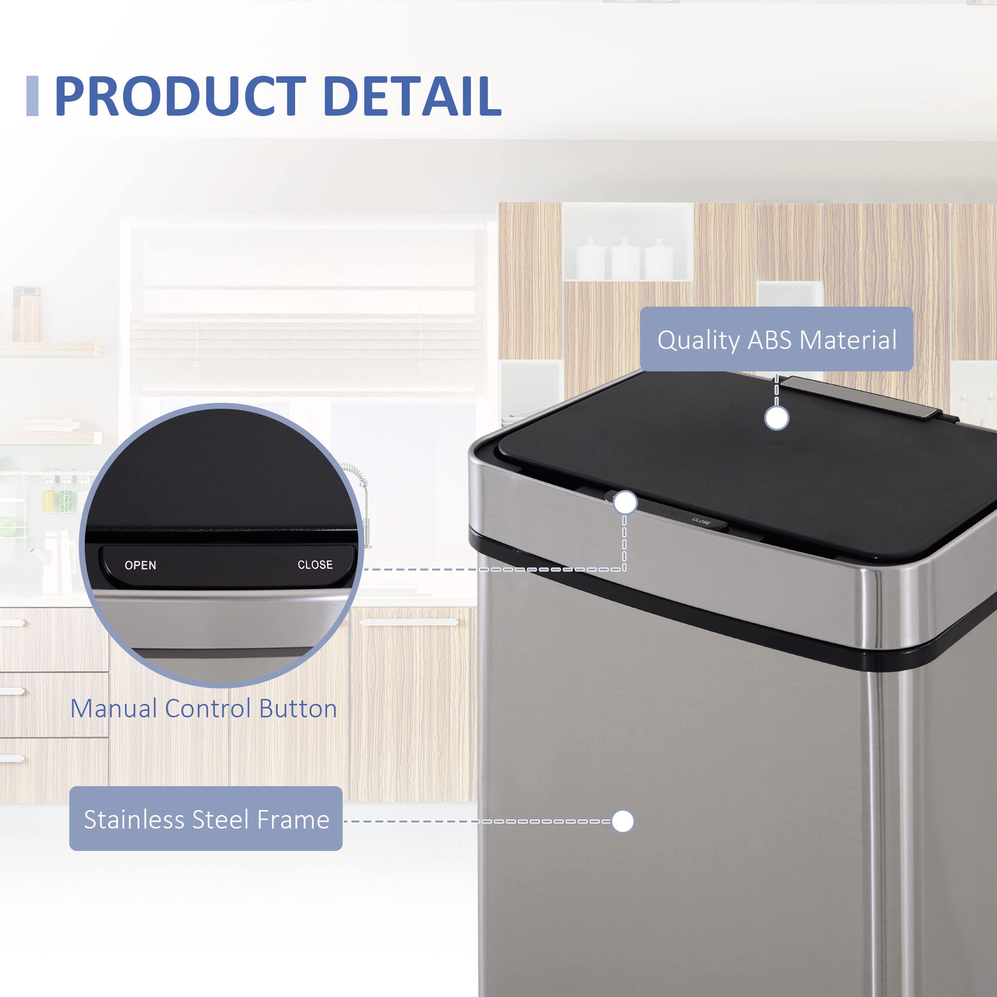 HOMCOM 72L Stainless Steel Sensor Trash Can - 3 Compartments for Waste Separation | Motion Sensor 6