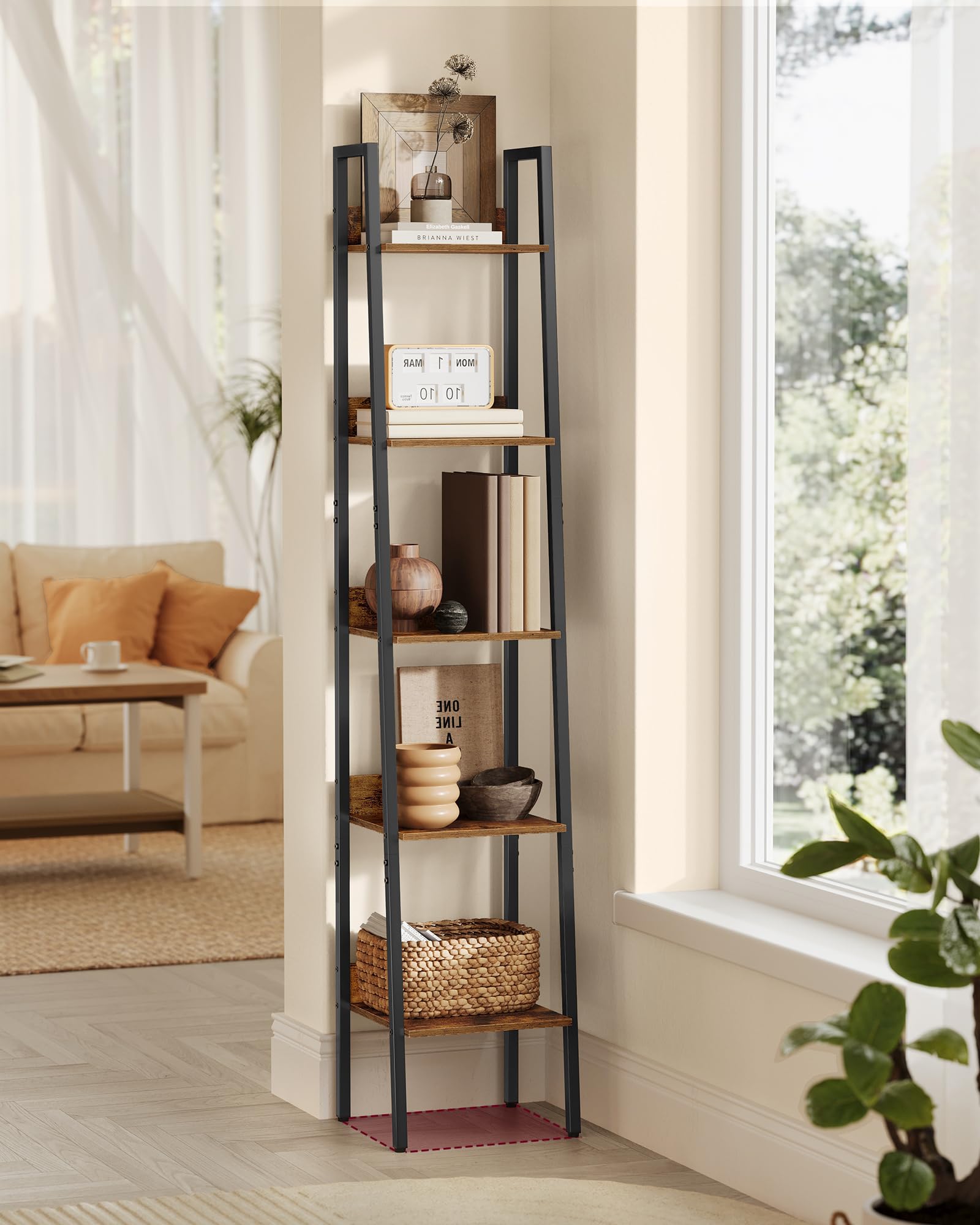 VASAGLE 5-Tier Ladder Bookcase Storage Stand | Rustic Brown & Black | Industrial Style | 50kg Capacity