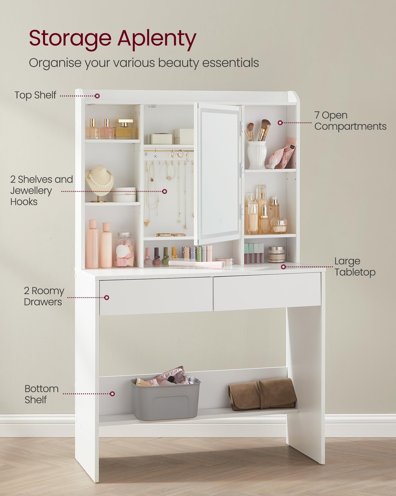 VASAGLE KAILYN Collection Dressing Table with Adjustable LED Lights | White Engineered Wood | 40 x 90 x 144.7 cm 3