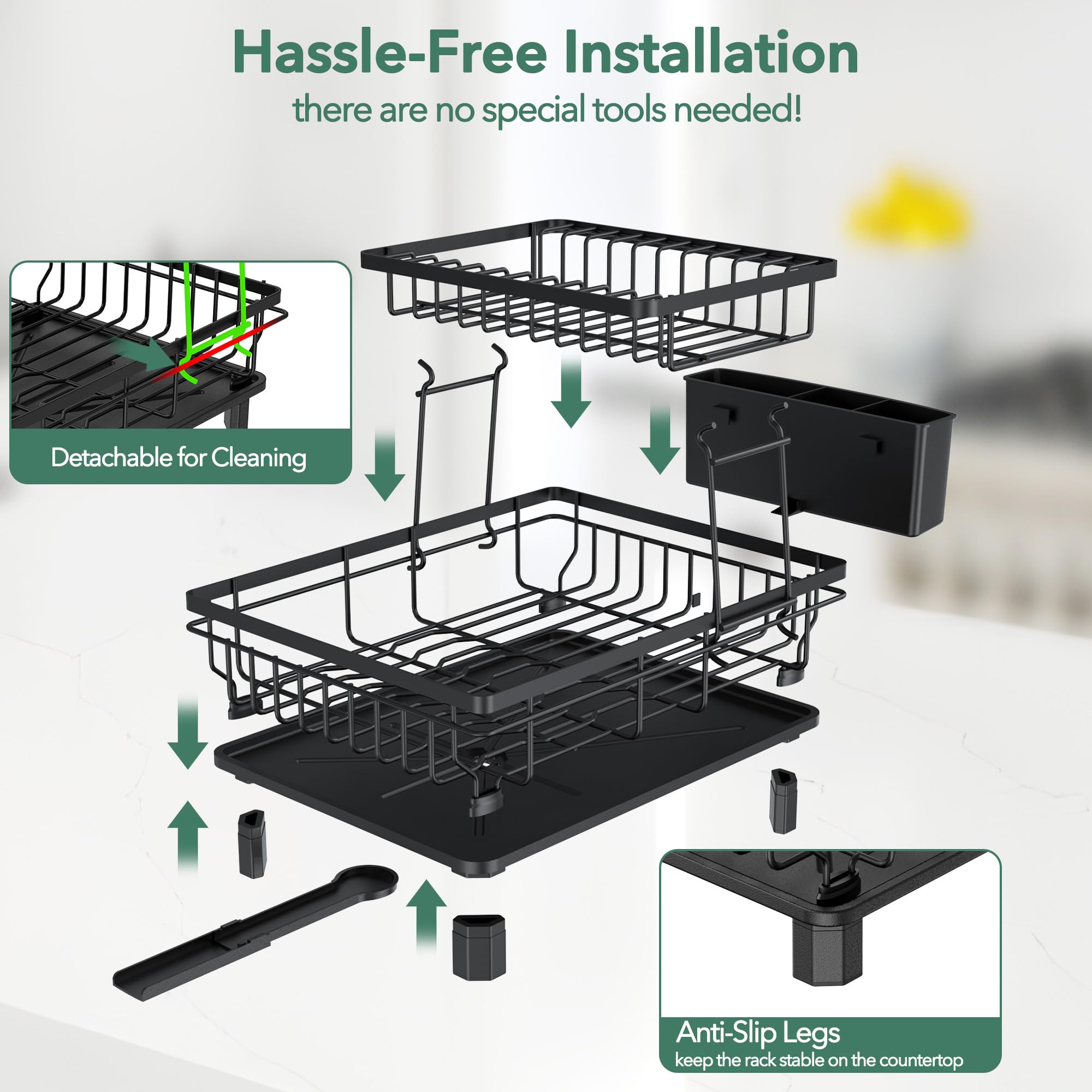 Rottogoon Large 2-Tier Dish Drying Rack - Stainless Steel, Black, with Drainboard & Utensil Holder 6