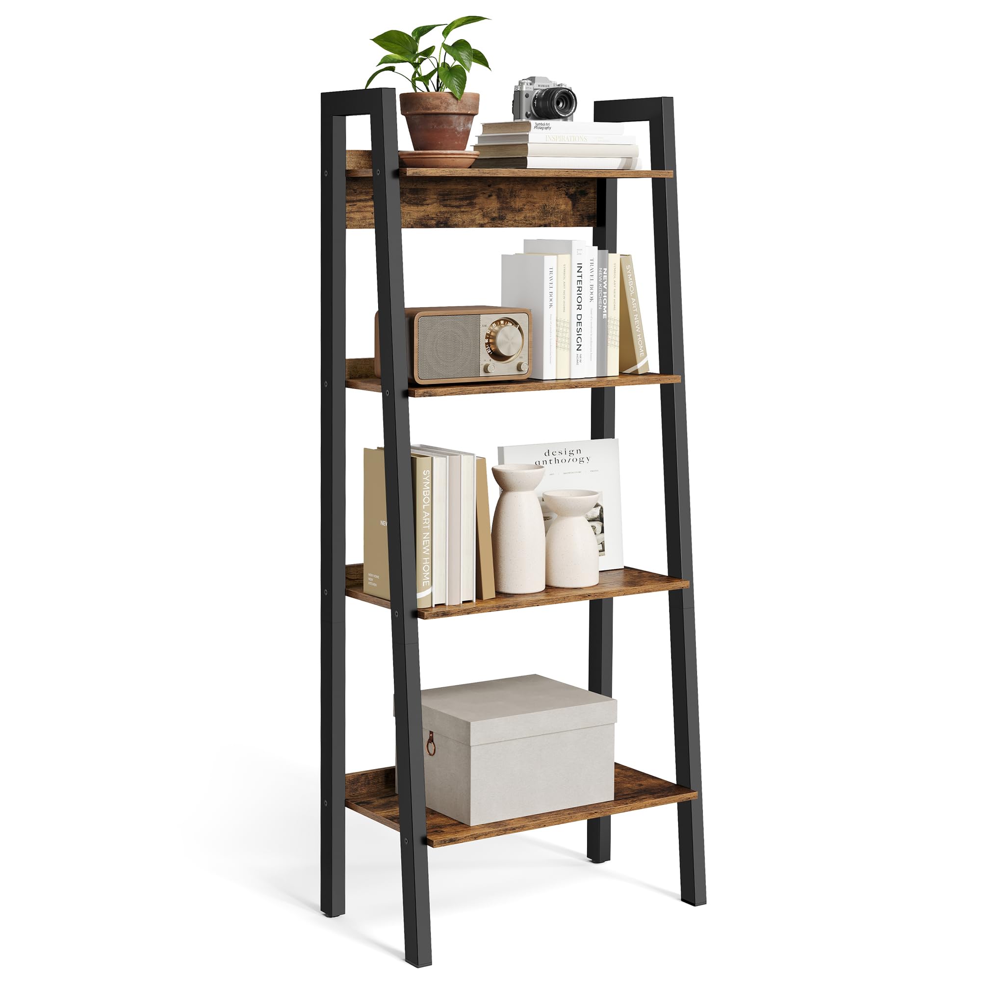 VASAGLE 4-Tier Ladder Shelf - Industrial Bookcase for Home Office, Rustic Brown/Black | 56W x 34D cm