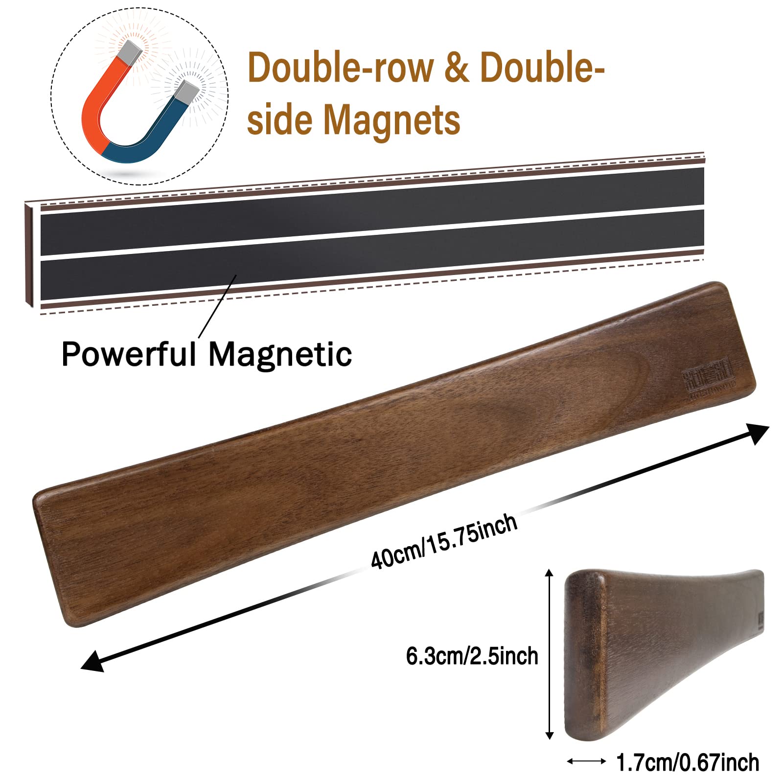 HOSHANHO Acacia Wood Magnetic Knife Strip Holder - 40 cm Length | Wall Mounted | Dual Installation 2
