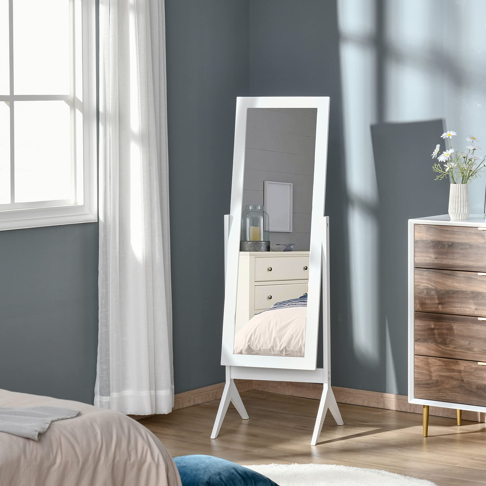 HOMCOM Freestanding Full Length Floor Mirror - Adjustable Angle, White MDF Frame | 148H x 47W cm