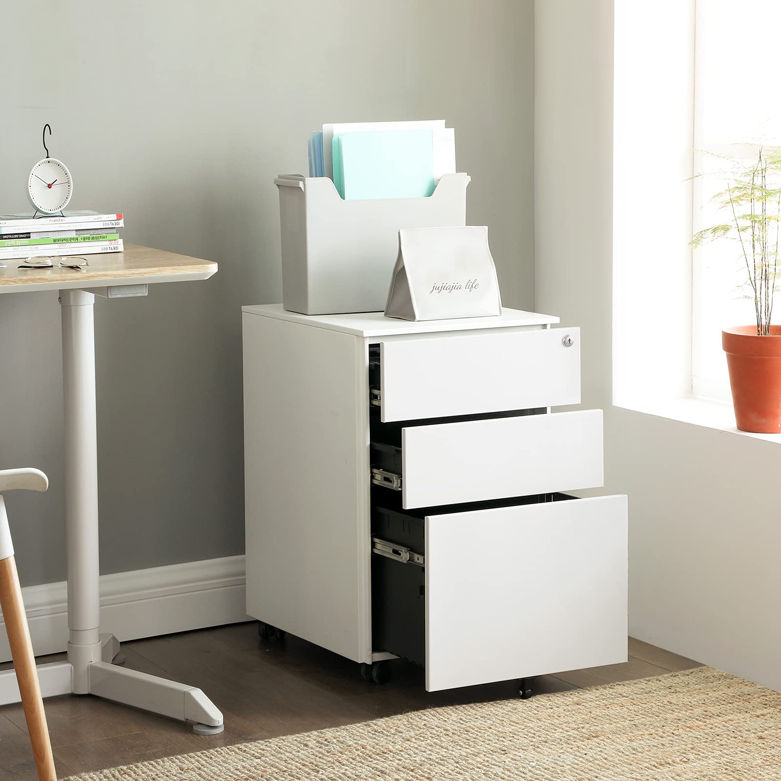 SONGMICS Mobile File Cabinet - 3 Drawers Lockable Steel Pedestal | White | 39x52x60cm 5