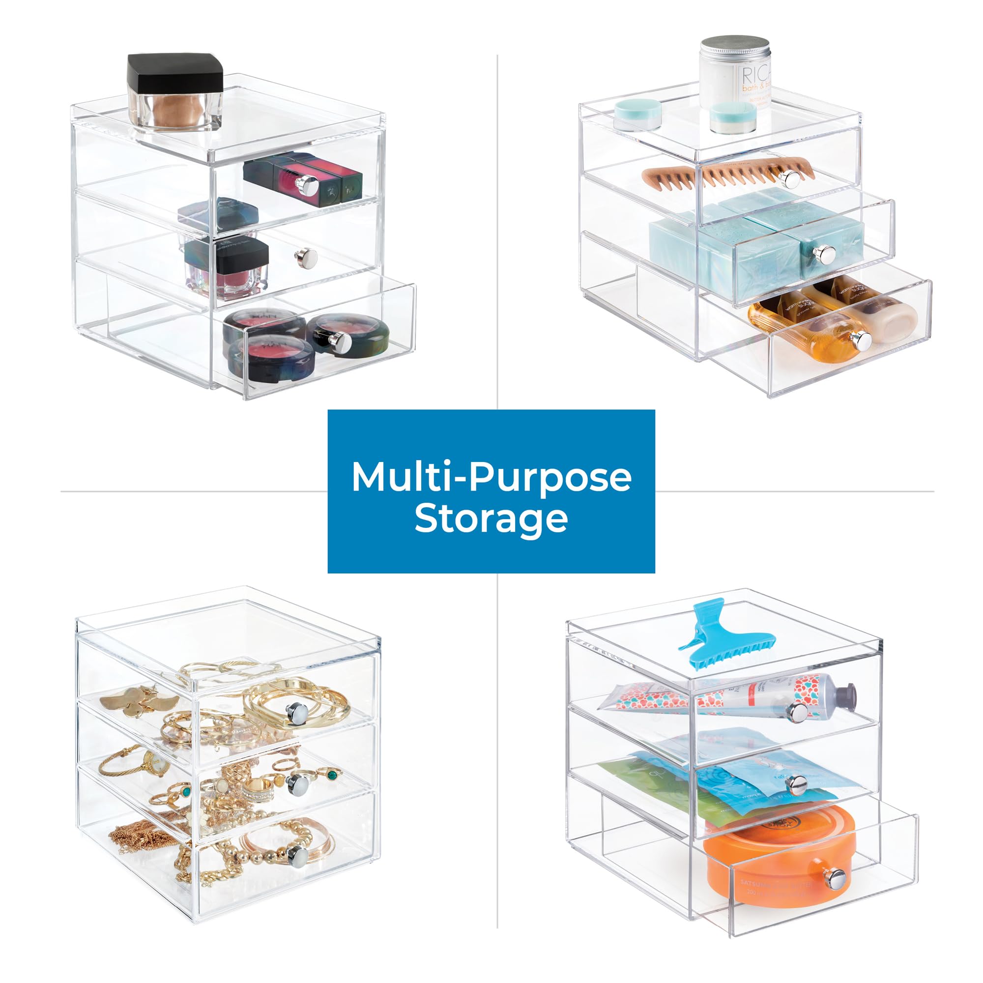 InterDesign Makeup Organiser with Three Drawers - Compact Plastic Storage for Cosmetics & Jewelry | Transparent 5