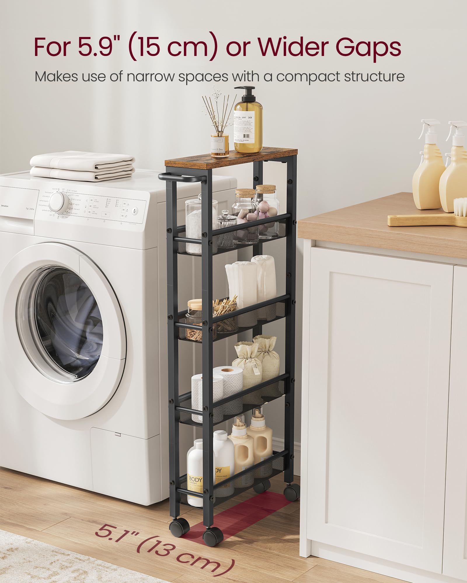 VASAGLE 5-Tier Kitchen Storage Cart with Castors | Slim 13cm Deep | Rustic Brown + Black 3
