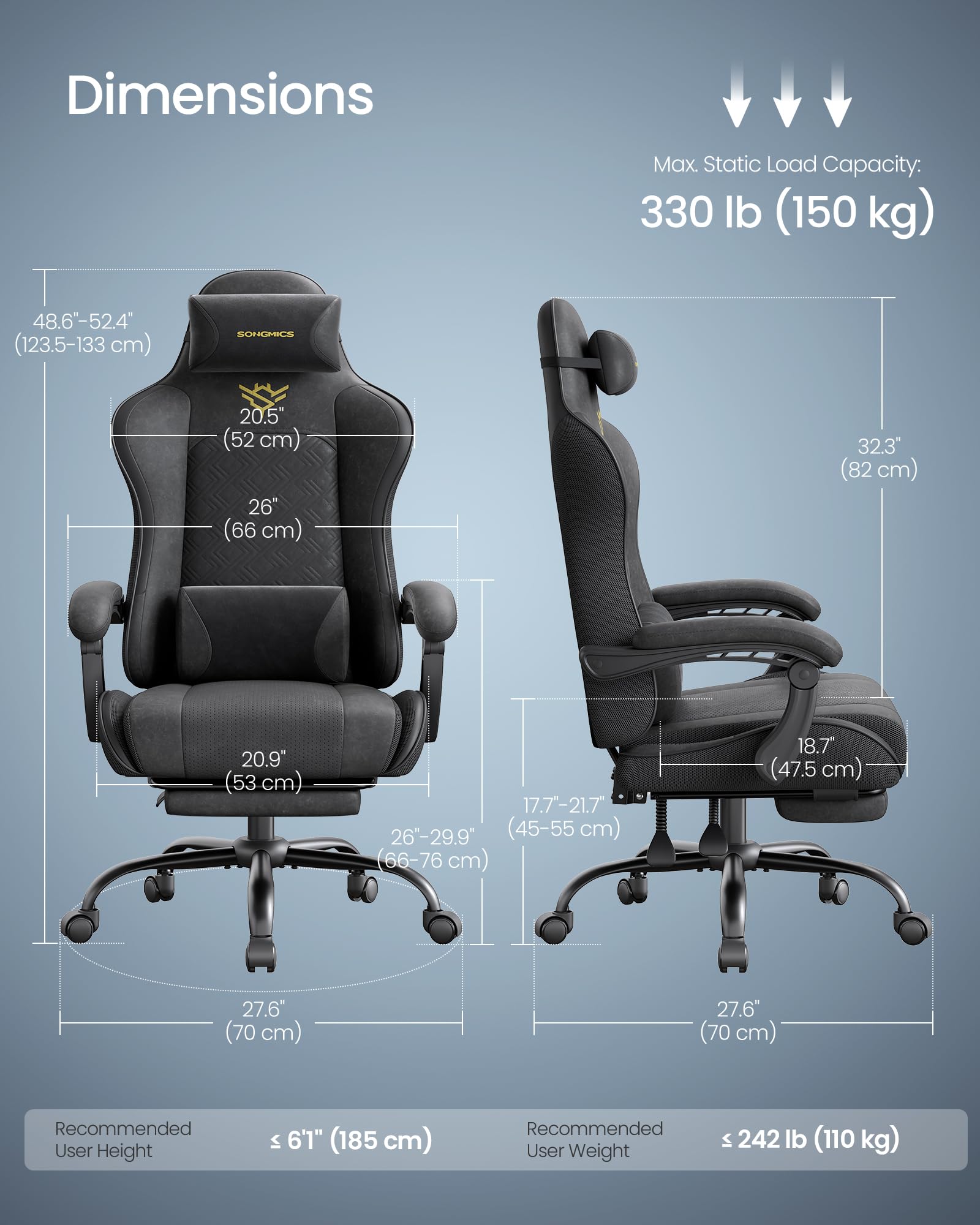 SONGMICS Gaming Chair - Ergonomic Recline with Retractable Footrest | Ink Black | Max Load 150 kg 2