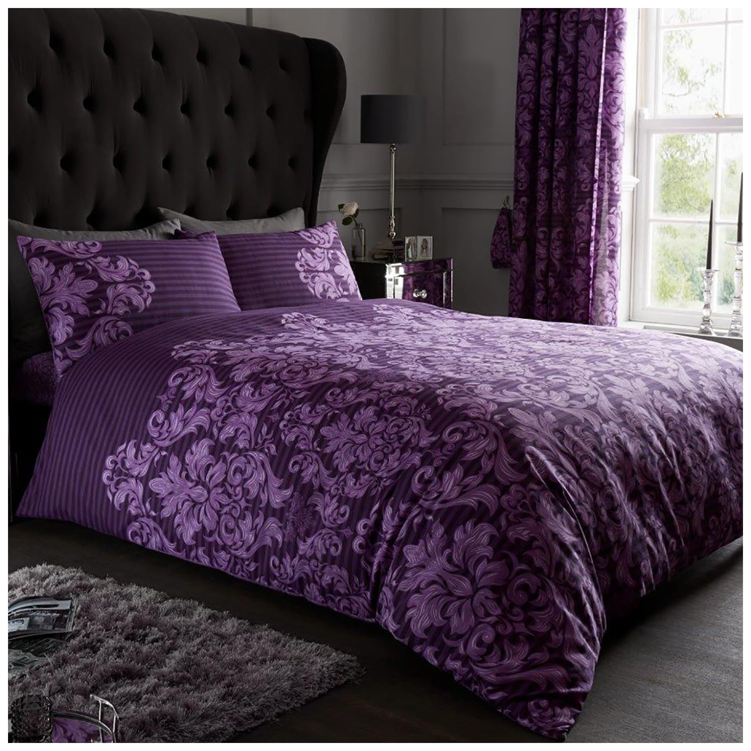 GC GAVENO CAVAILIA Damask Floral Double Duvet Cover Set | 50% Cotton/50% Polyester | Purple 1
