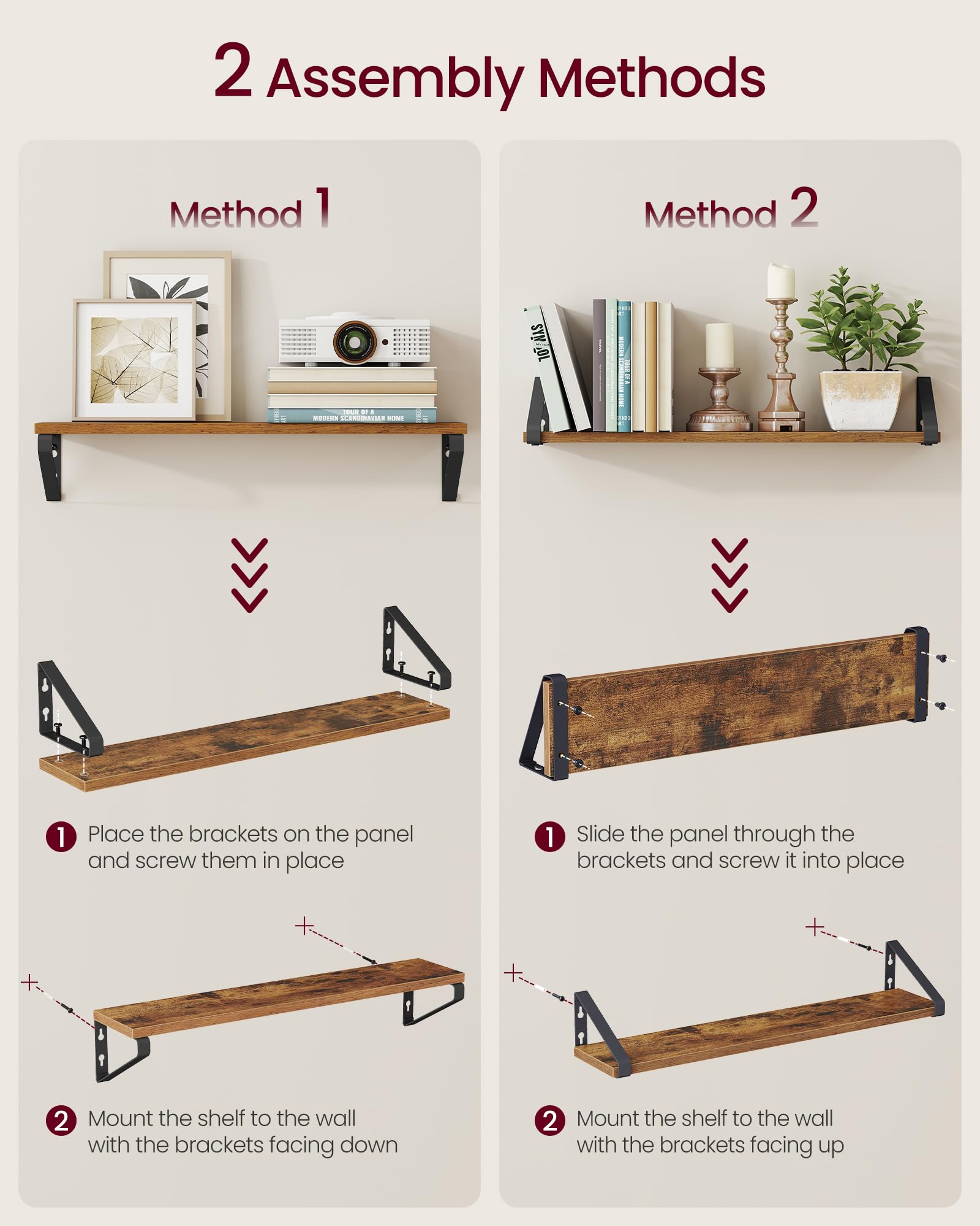 VASAGLE Floating Wall Shelves - Set of 2 Rustic Brown Shelves | Heavy Duty Steel Brackets | 22 lb Capacity 7