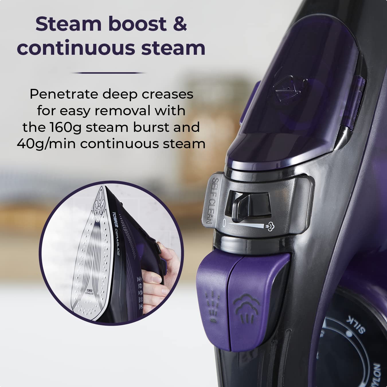 Tower CeraGlide T22011 Steam Iron - 2600W Power | 160g Steam Boost | Ceramic Soleplate 4