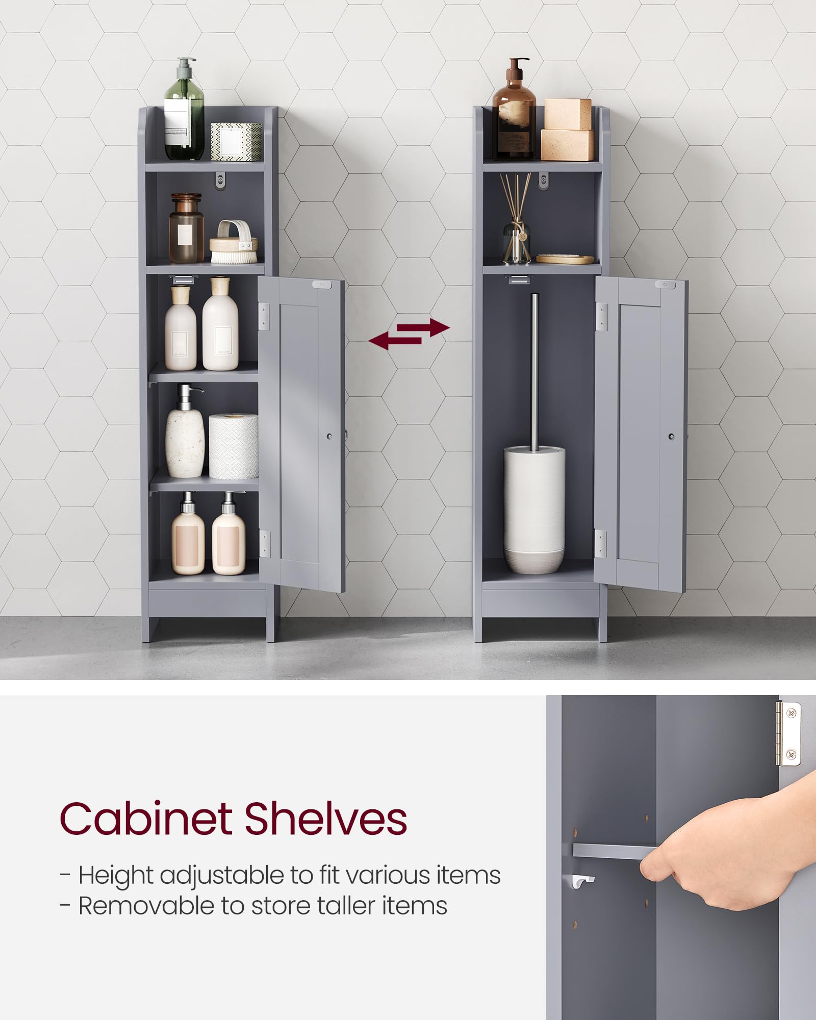 VASAGLE Slim Bathroom Floor Storage Cabinet | Dove Grey | 80H cm | Adjustable Shelves 5