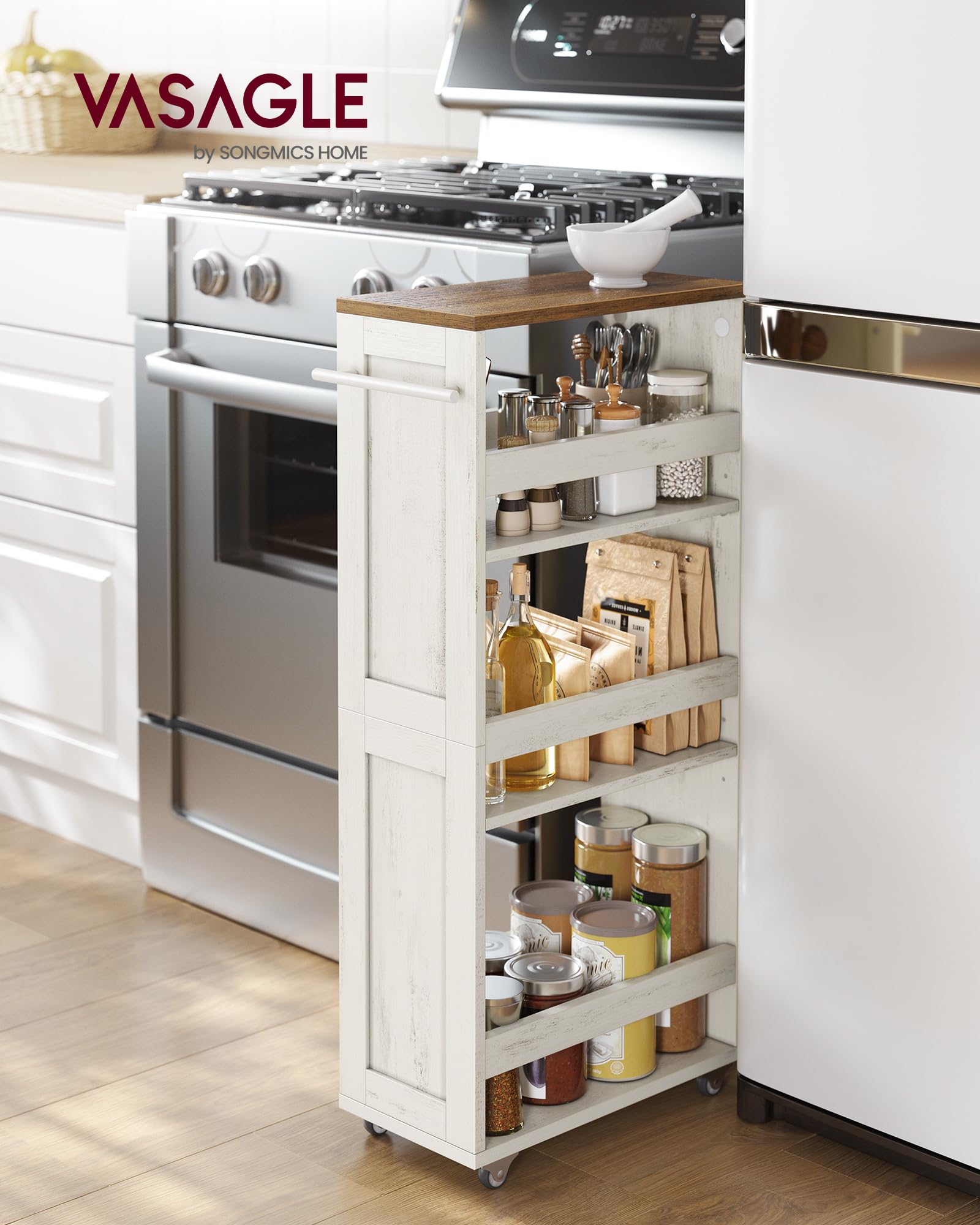 VASAGLE 4-Tier Slim Storage Trolley - 20 cm Wide | Rustic White + Honey Brown | 10 kg/Tier Capacity 2