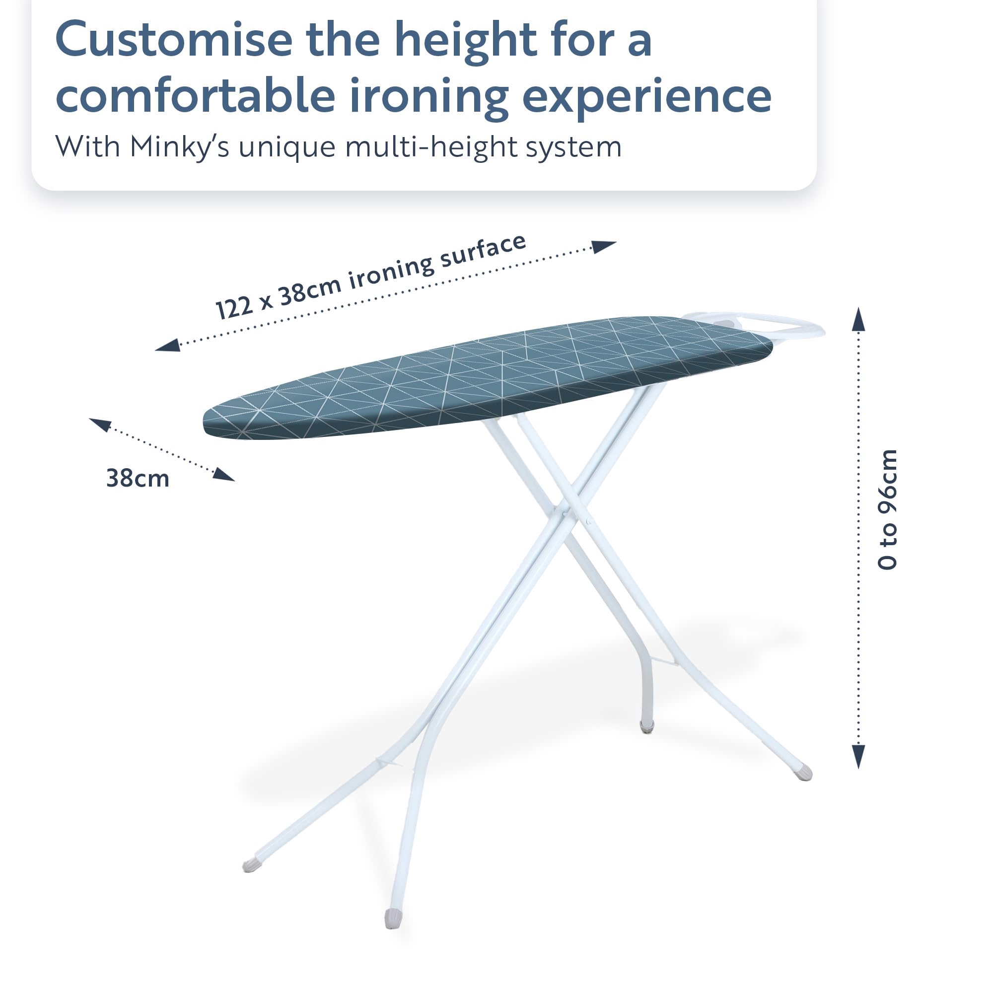 Minky Expert Ironing Board - Large 122 x 38 cm Surface | Multi-Height Adjustment up to 96cm | Stone Blue 3