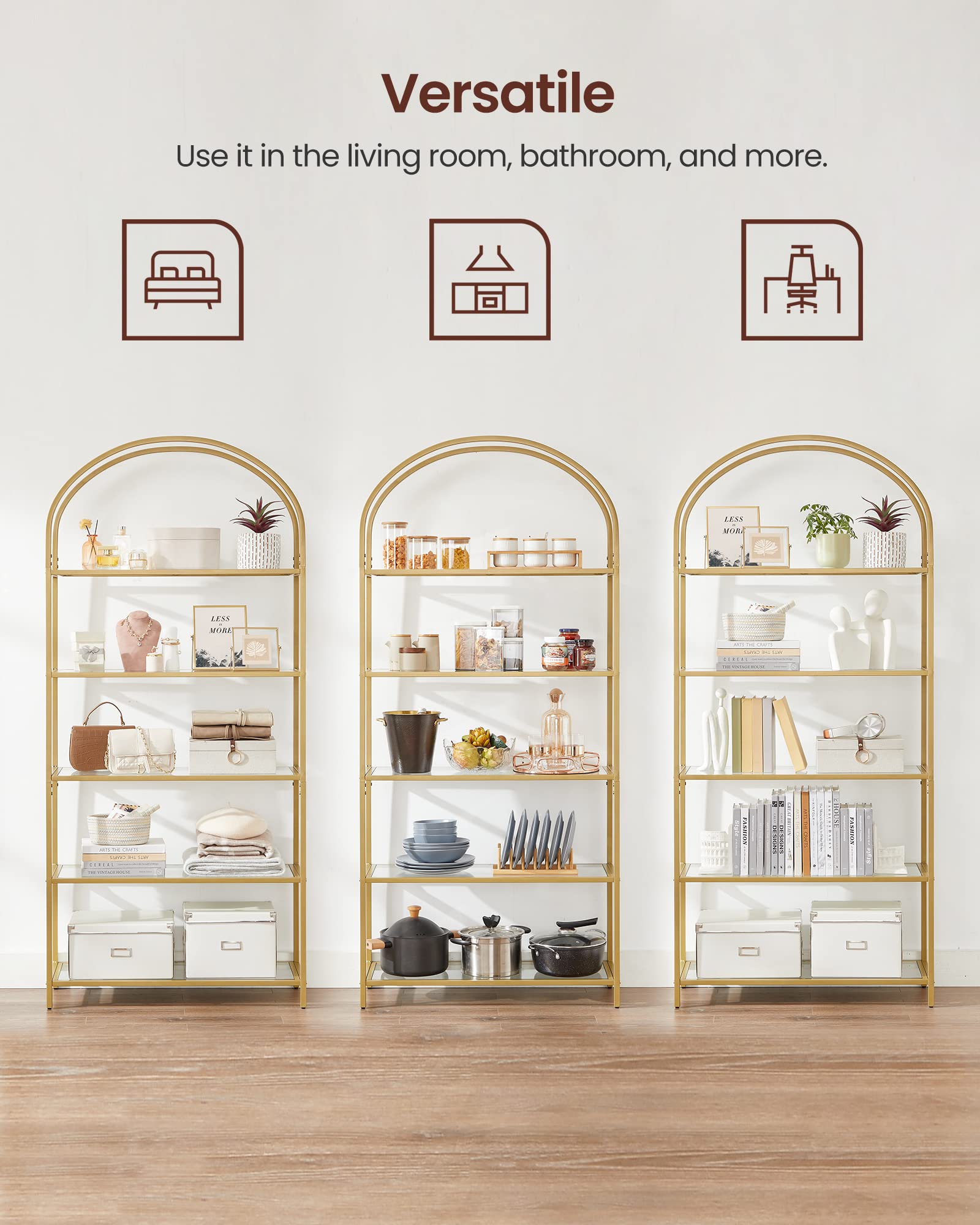 VASAGLE 5 Tier Shelving Unit - Tempered Glass Shelves | Gold Steel Frame | 83W cm 8