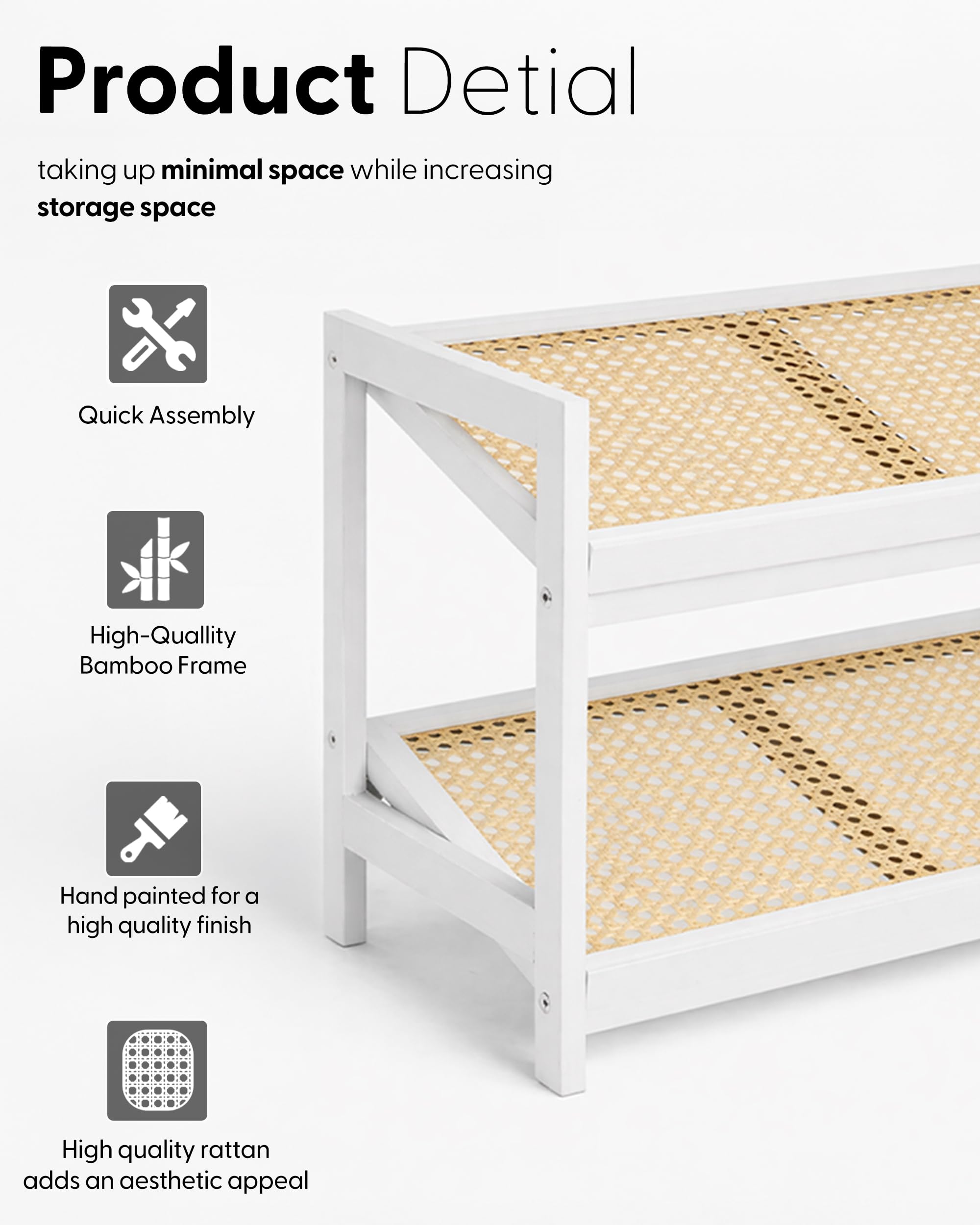KEPLIN 4 Tier Bamboo and Rattan Shoe Rack | Compact Design | Holds 12 Pairs | Natural/White 8