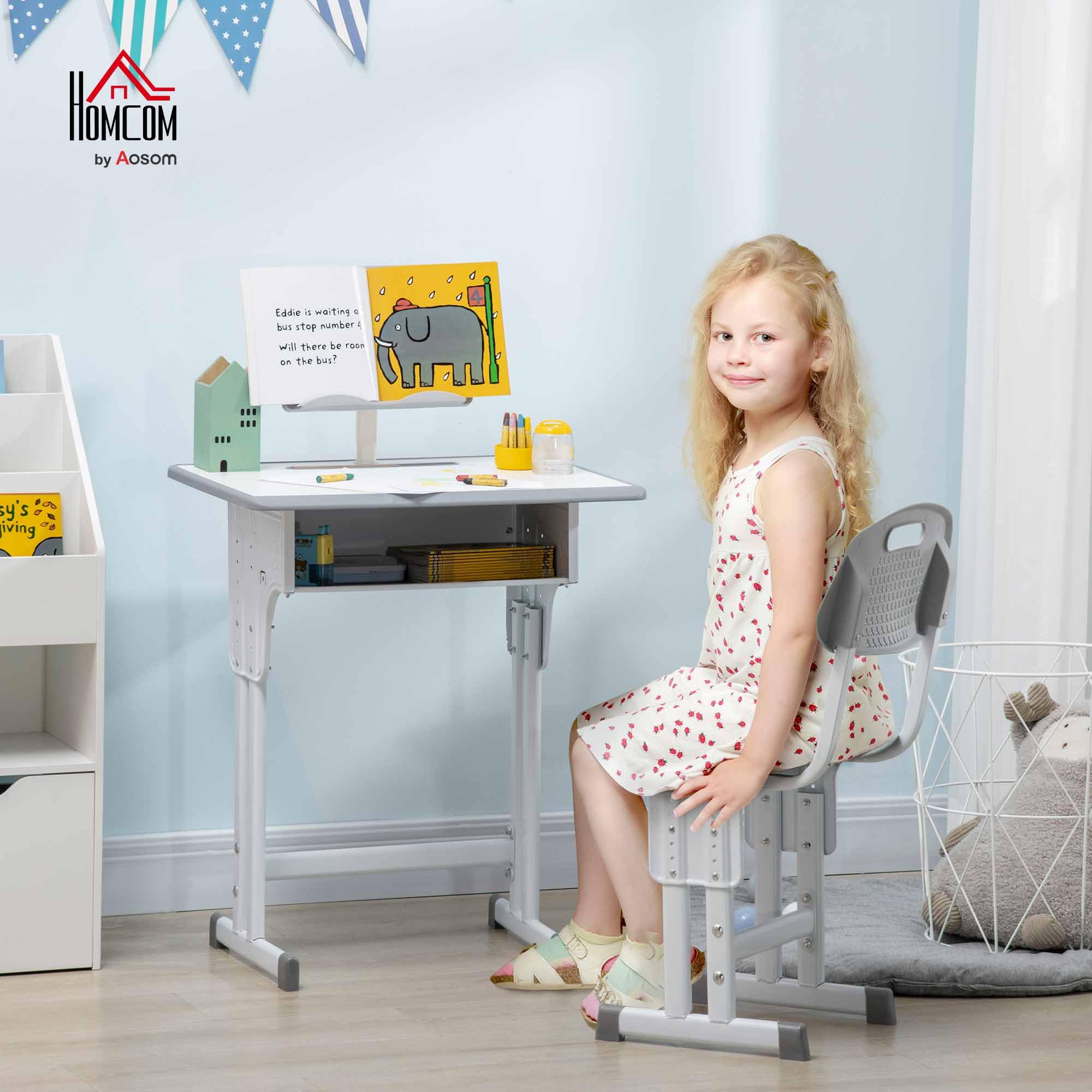 HOMCOM Kids Desk and Chair Set Adjustable Height Study Table w/Drawer, Book Stand, Hook | Ages 6-12 2