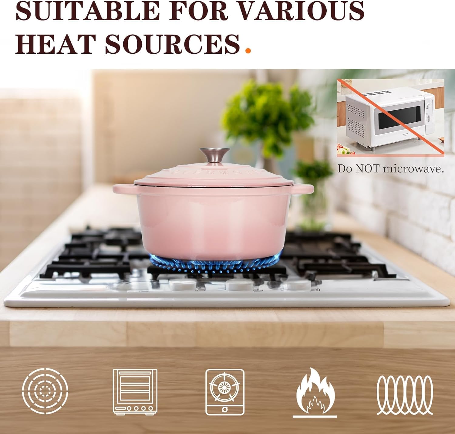 OVERMONT 26cm/5.2L Enamelled Cast Iron Dutch Oven - Pink, 5.5QT | Includes Potholders 7