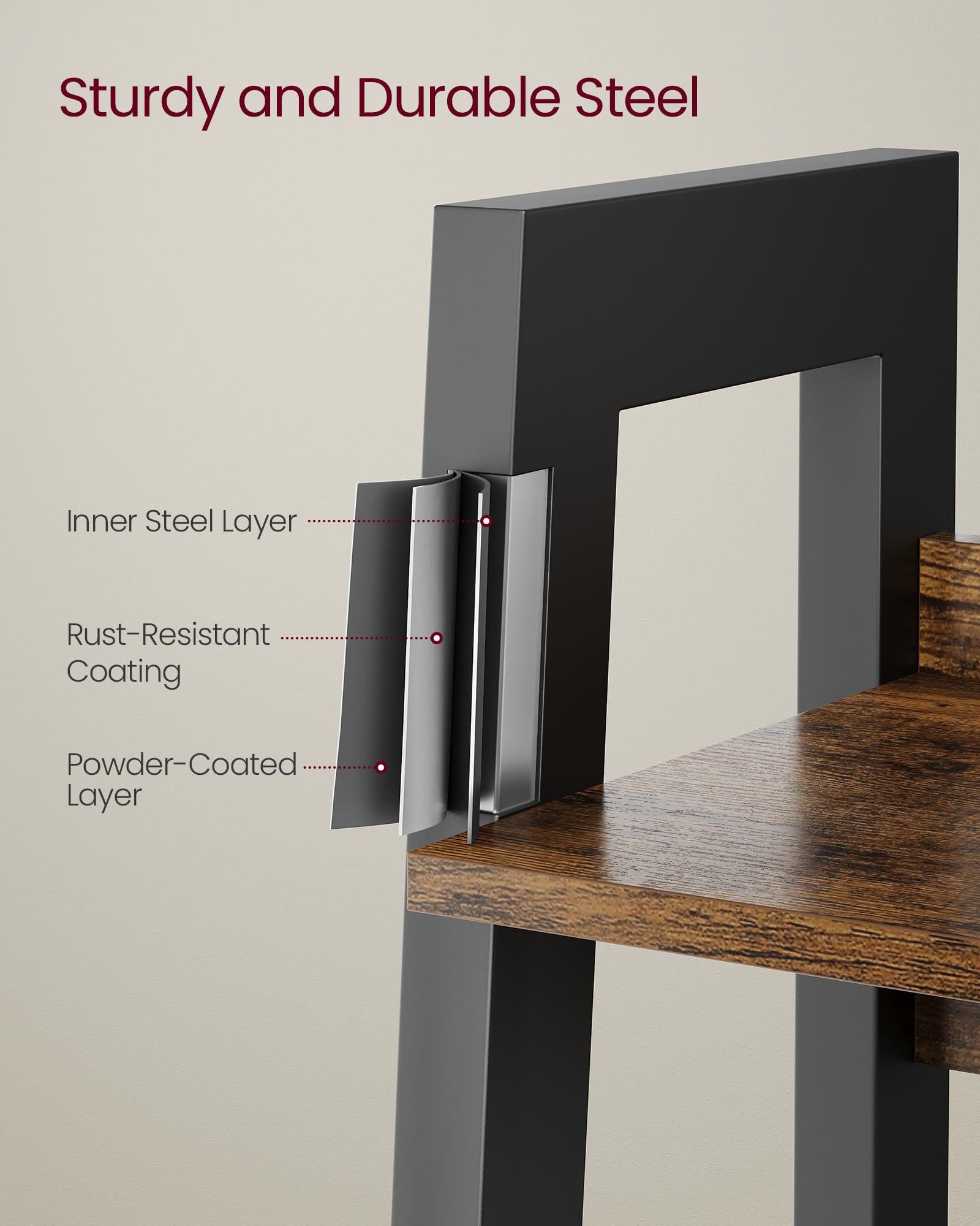 VASAGLE 4-Tier Ladder Shelf - Industrial Bookcase for Home Office, Rustic Brown/Black | 56W x 34D cm 6