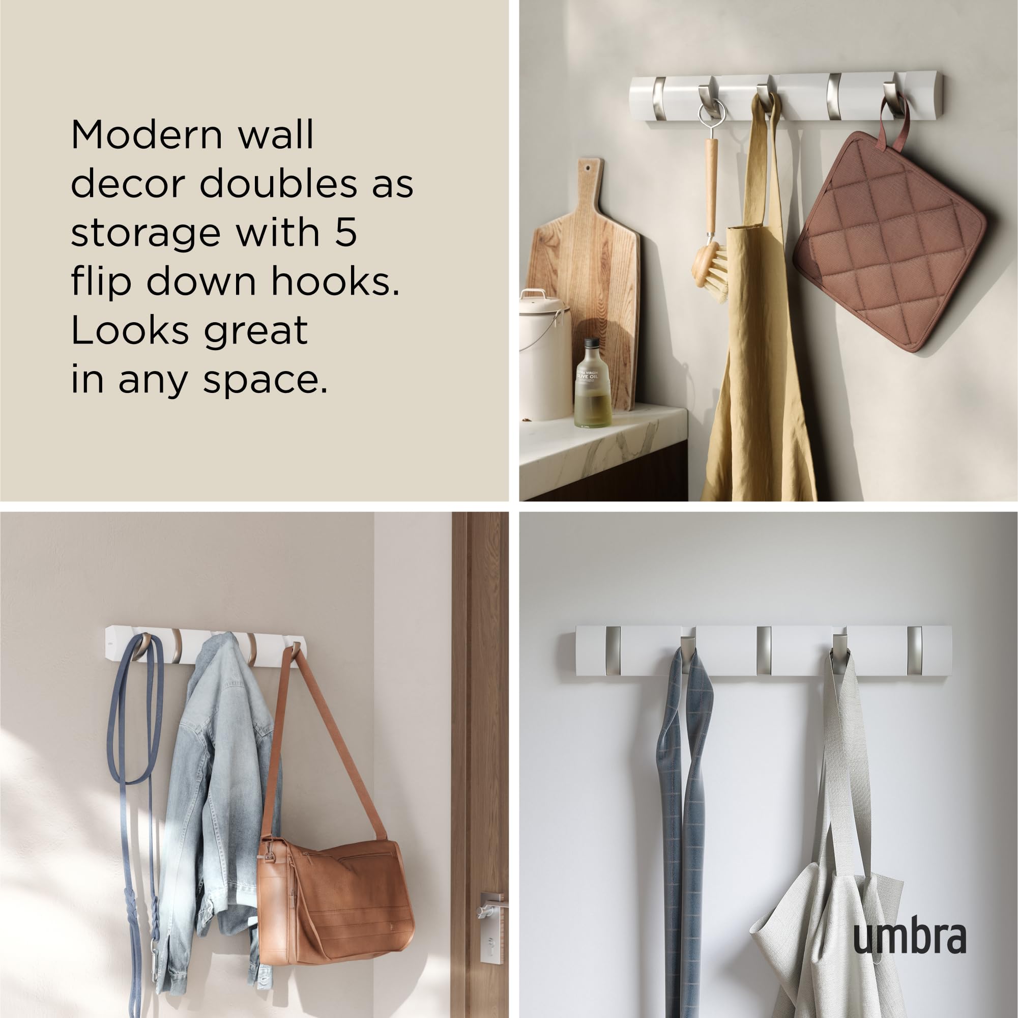 Umbra Flip 5-Hook Wall Mounted Rack - Modern Space-Saving Hanger | Black/Walnut Finish 4