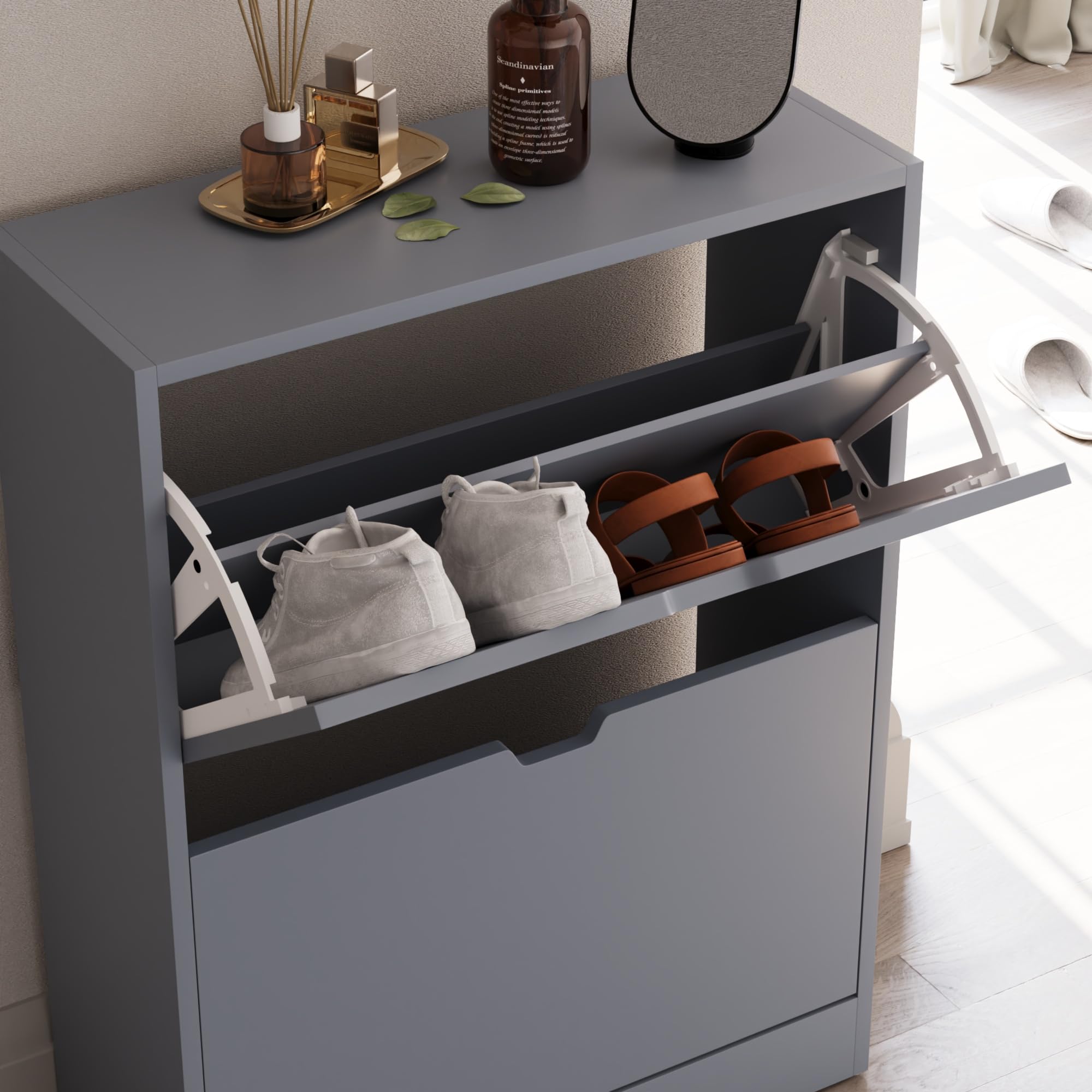 Vida Designs Wooden Shoe Cabinet - 2 Flip Drawers | Space-Saving Slim Design | Grey 4