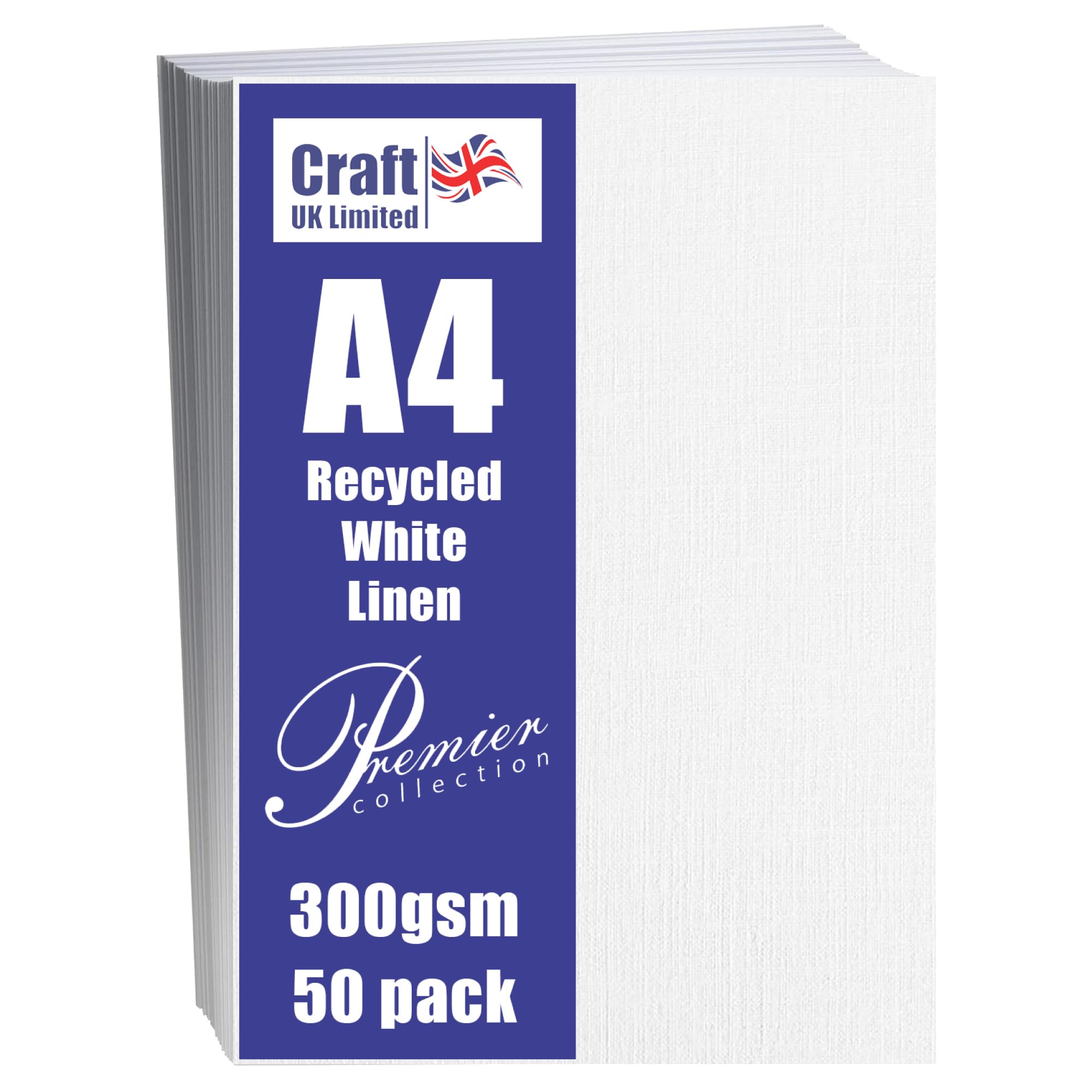 Craft UK Recycled Linen Cardstock Paper - 300gsm A4 White | Pack of 50 1