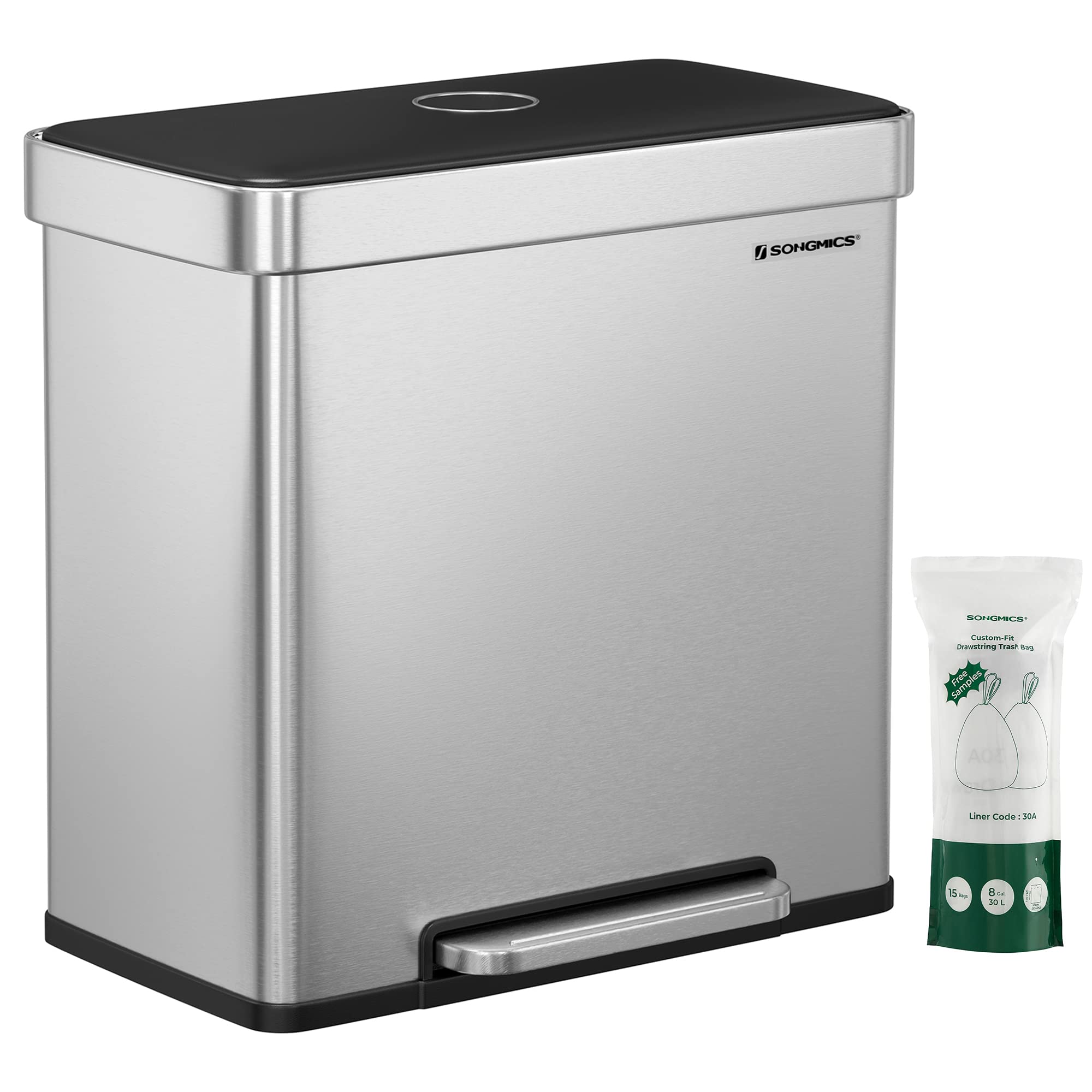 SONGMICS Kitchen Waste Separation System - 2 x 30L Compartments | Stainless Steel Pedal Bin 1