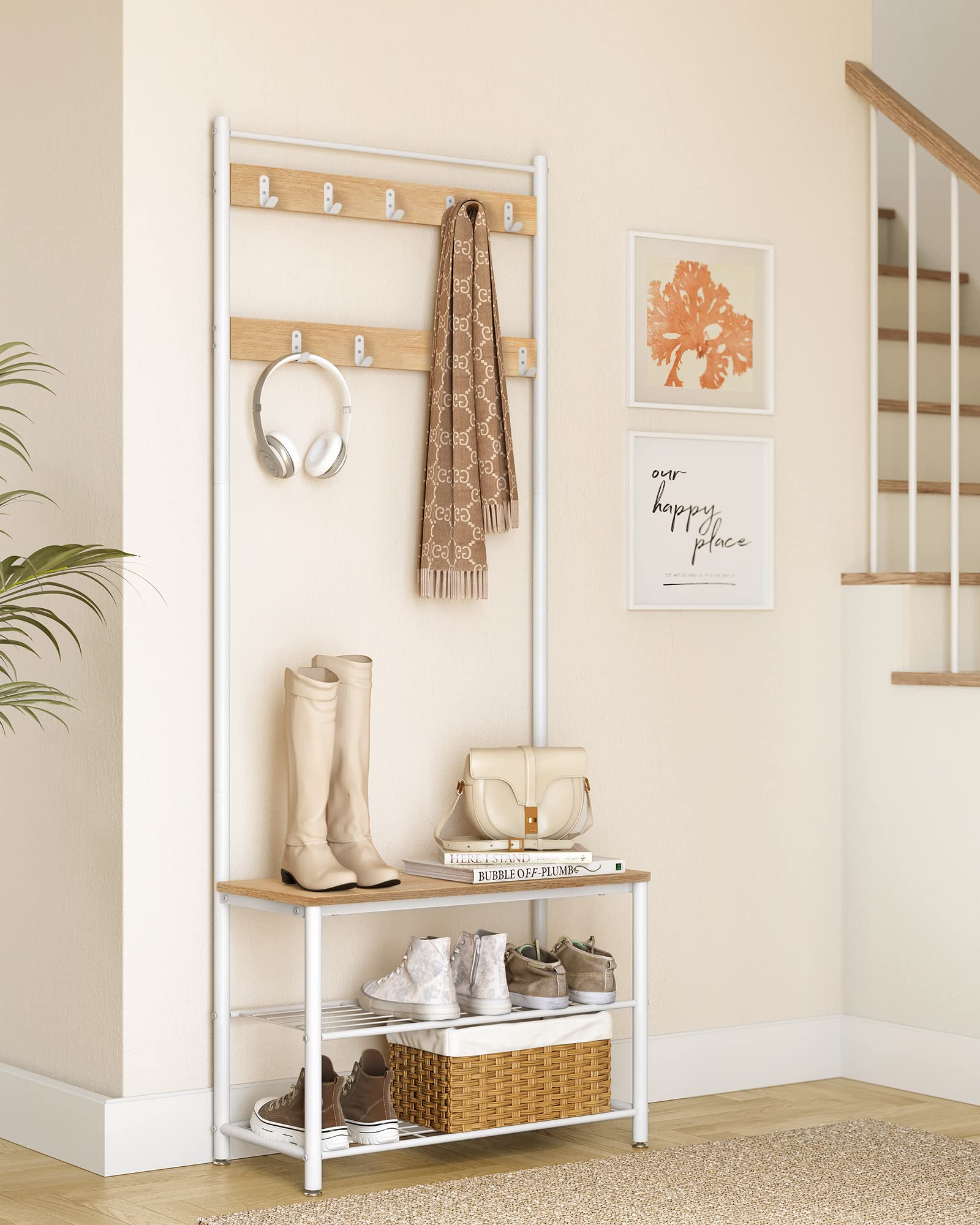 VASAGLE 3-in-1 Coat Rack with Shoe Bench and Shelf | Steel Frame | Colour Oak + Cream 9