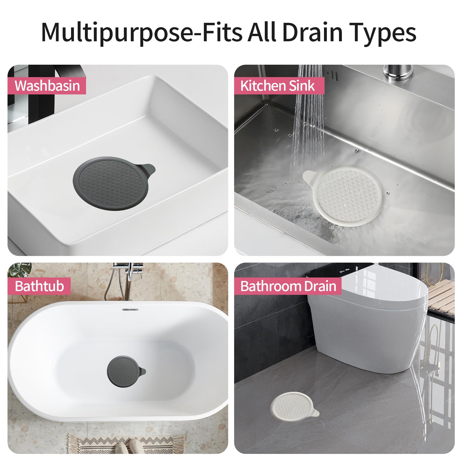 MOXYOY Silicone Bathtub Stopper - 18cm Universal Fit, Leak-Proof Seal, Gray+White 5