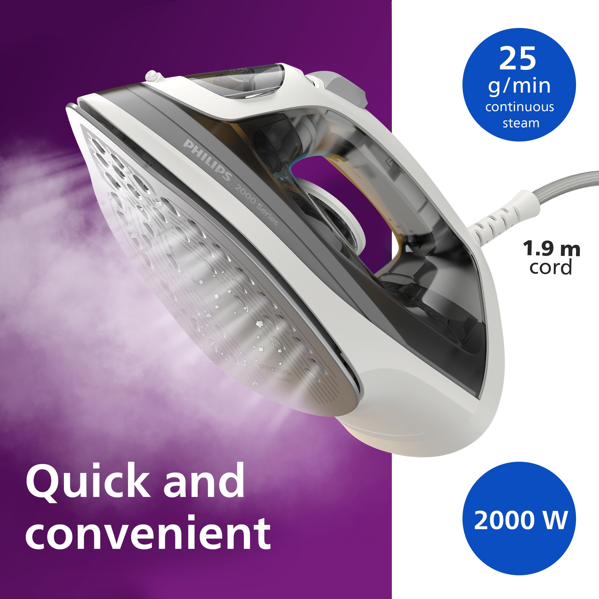 Philips 2000 Series Steam Iron - 2000W Power, 25g/min Steam, 110g Boost | Lightweight Grey Iron 3