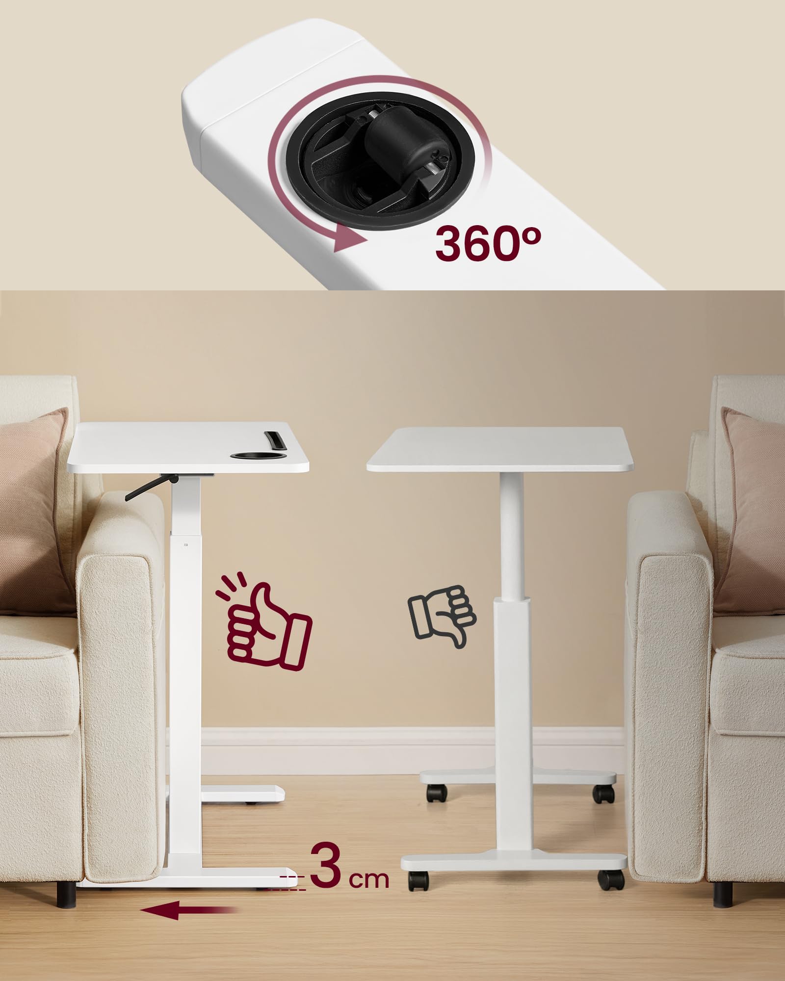 VASAGLE Overbed Table with Wheels - Adjustable Height 65-102 cm | 70 x 40 cm Tabletop | Cloudy White 5