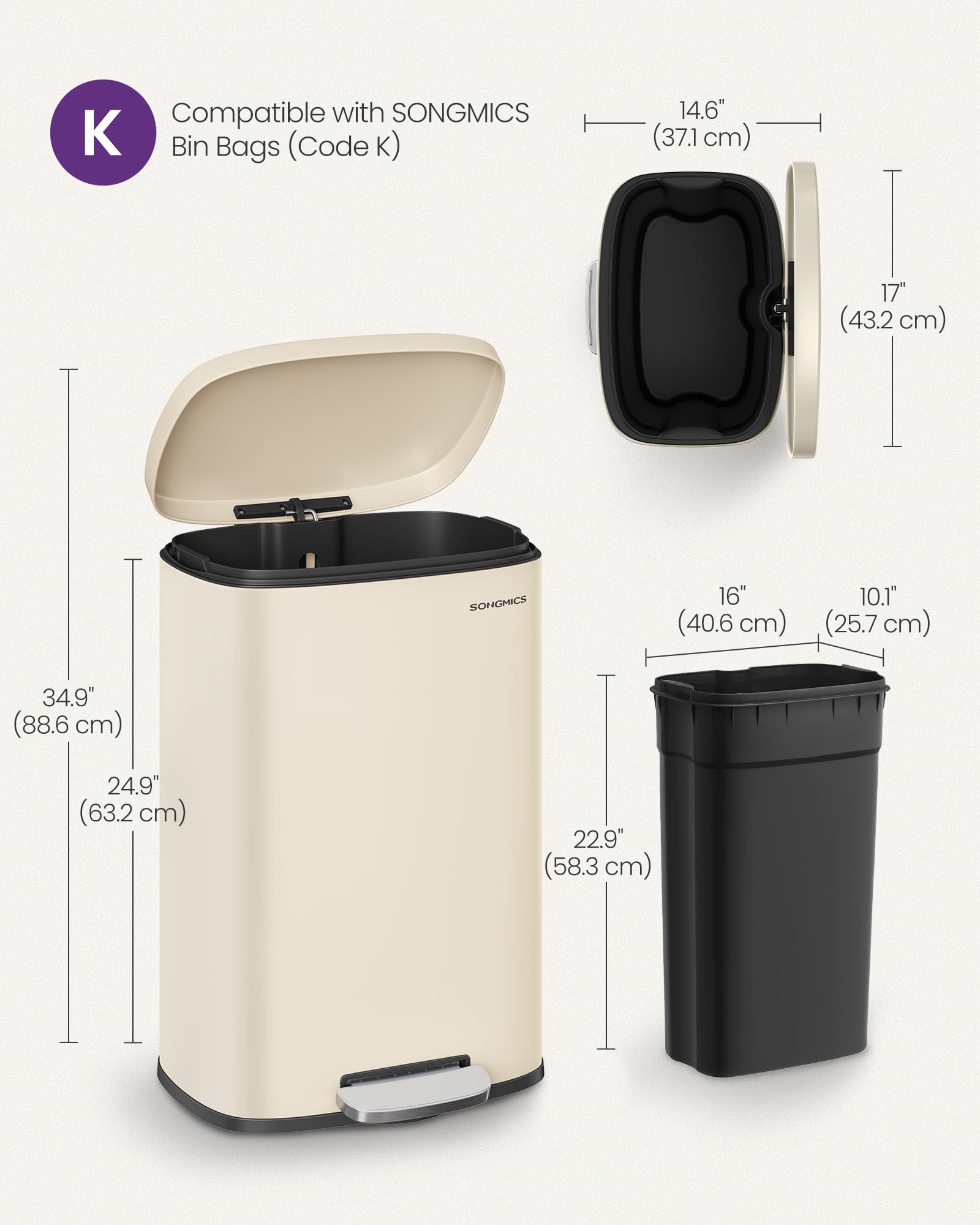 SONGMICS Kitchen Bin - 50 L Capacity | Soft Close Lid | Steel Construction | Sand Beige 7