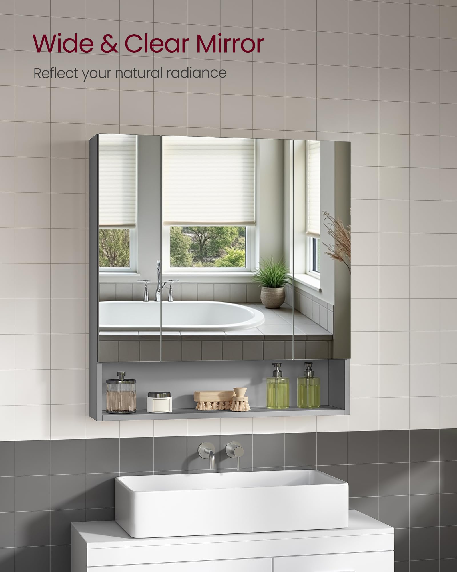 VASAGLE KAILYN Bathroom Mirror Cabinet - Dove Grey | 70W cm | Adjustable Shelves 4