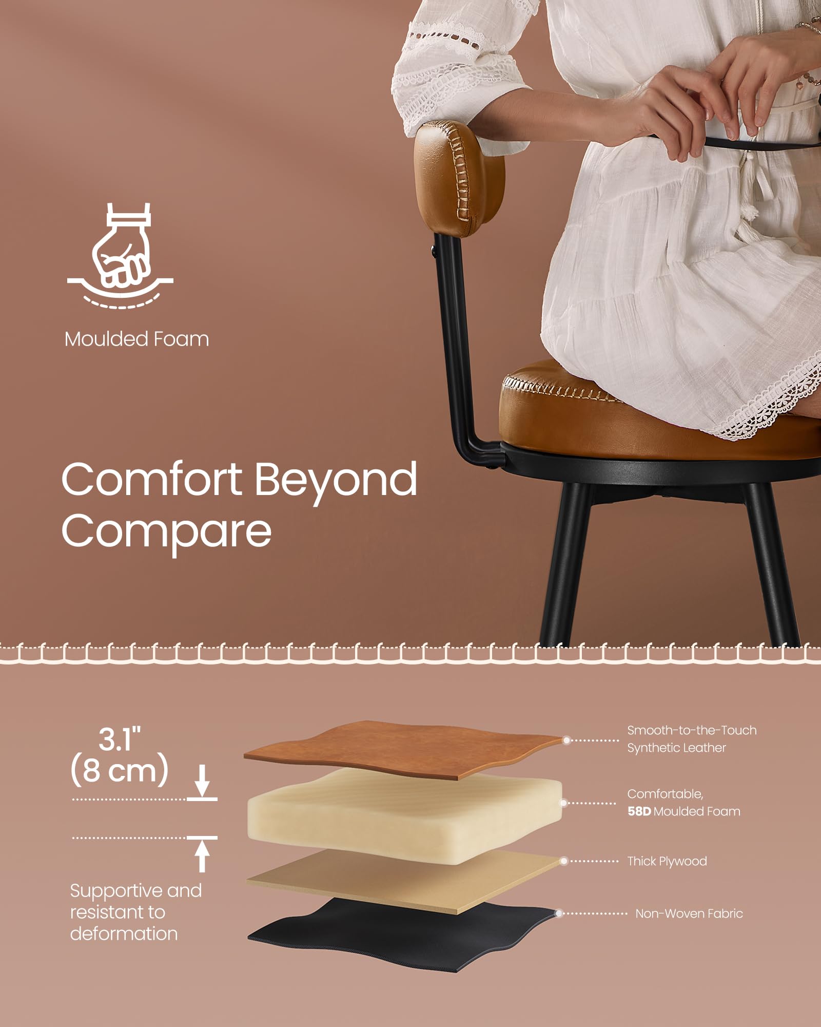 VASAGLE EKHO Collection Bar Stools - Set of 2 Swivel Counter Chairs | Caramel Brown | 57x57x101 cm 7