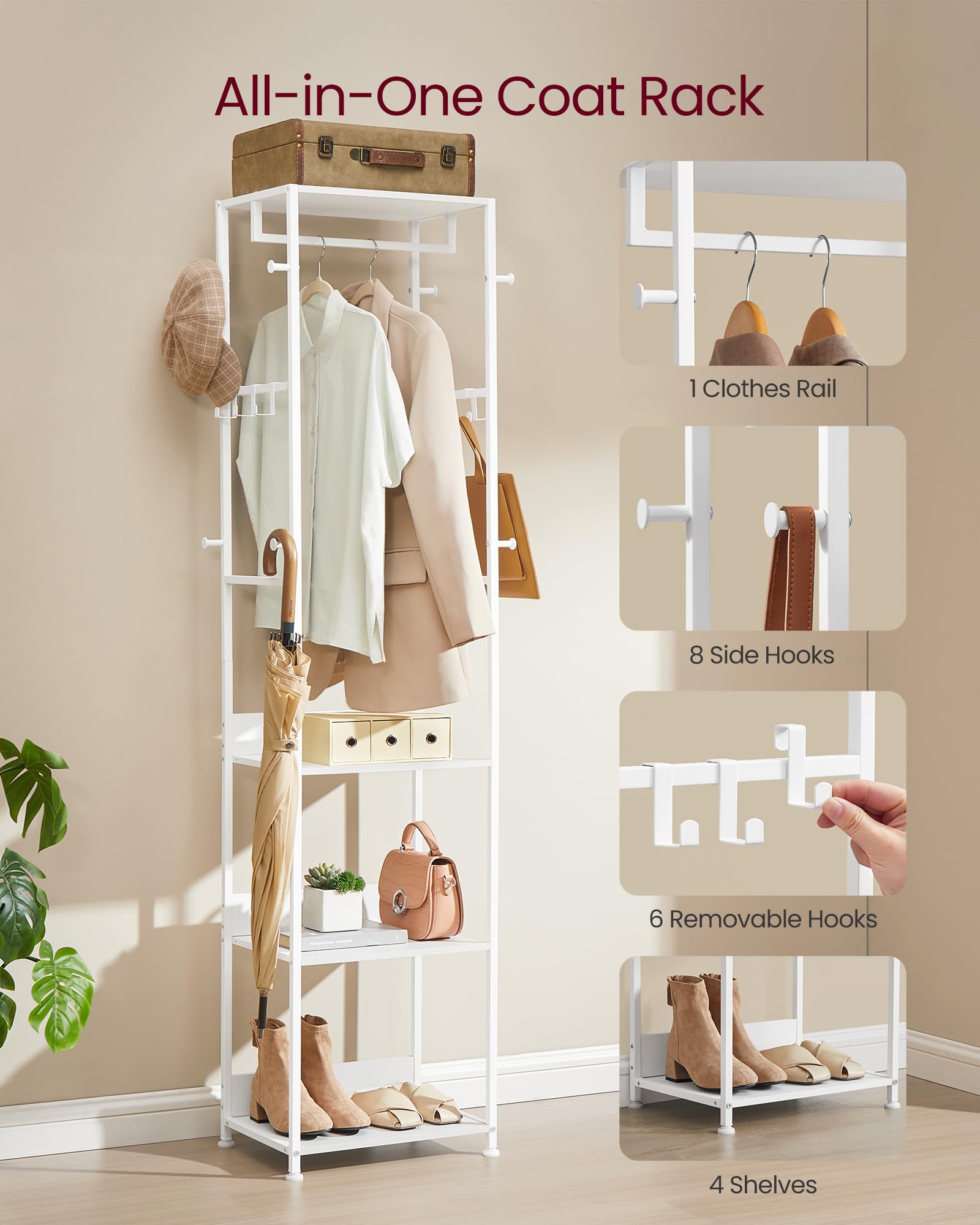 VASAGLE Clothes Rack Stand - 4 Shelves, Hanging Rail, Hooks | Cloud White | 30.5 x 47 x 180 cm 3