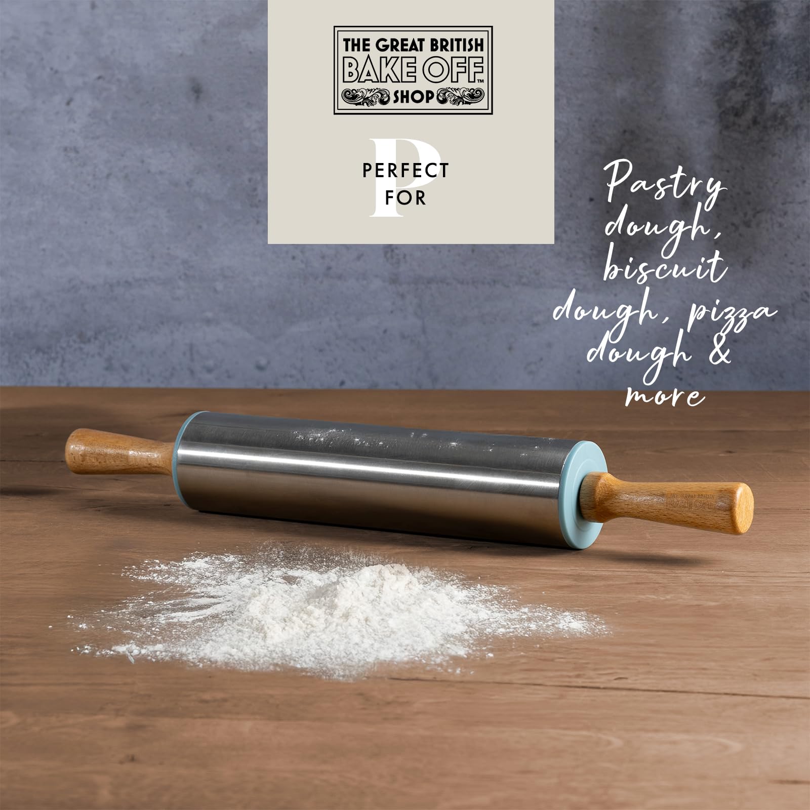 The Great British Bake Off Stainless Steel Rolling Pin with Beechwood Handles | Weighted Core | Duck Egg Blue Accents 3