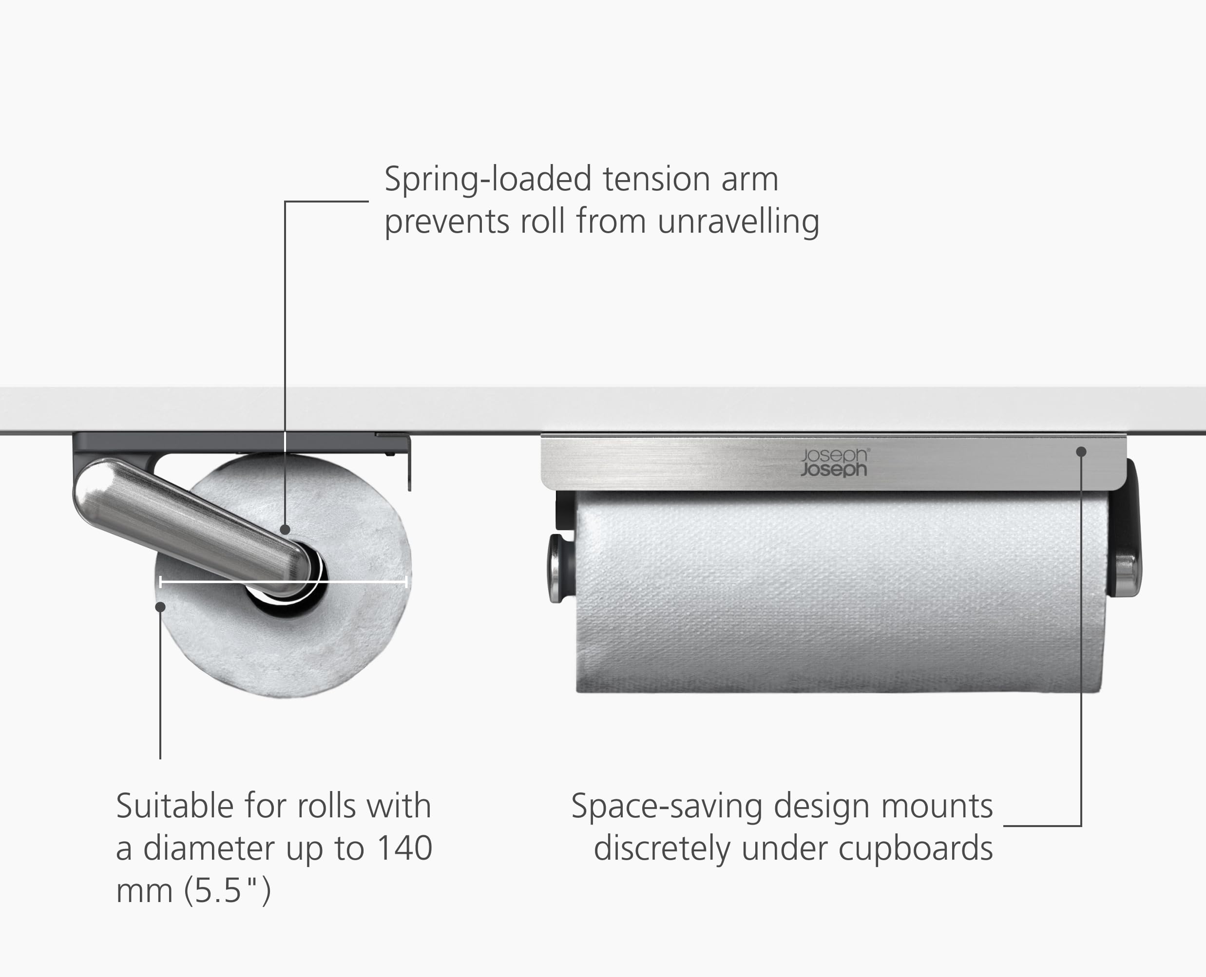 Joseph Joseph RollGrip Under Cabinet Paper Towel Holder - Space-Saving, Graphite, Stainless Steel 7