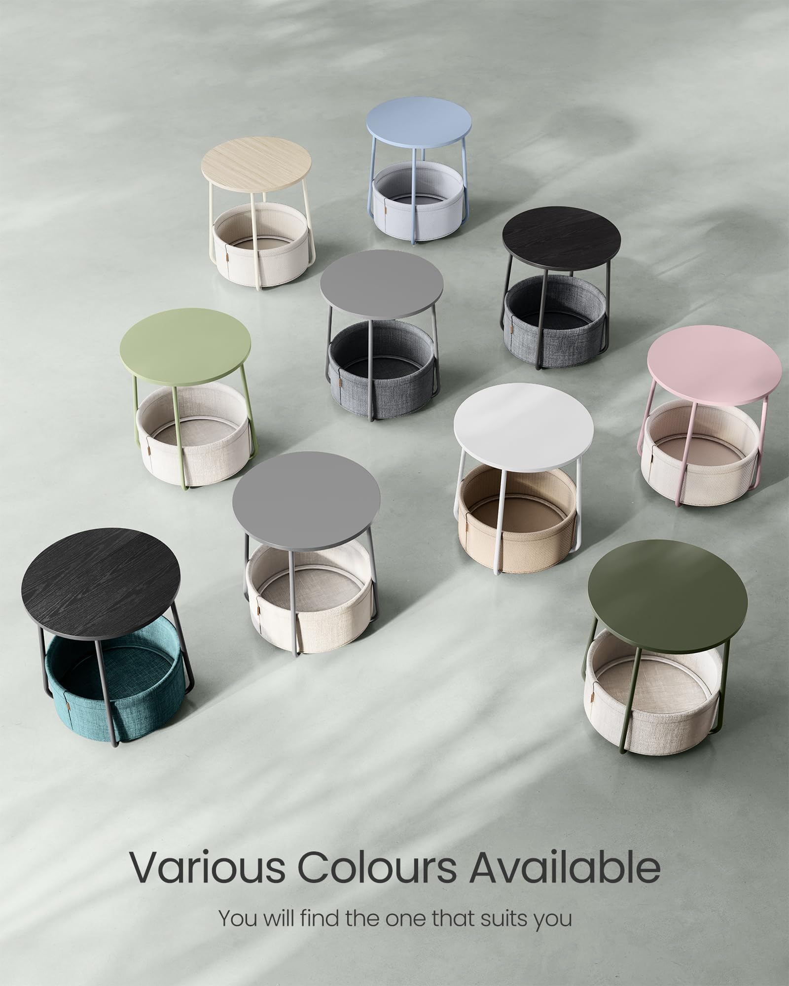 VASAGLE Round End Table with Fabric Basket | 45 x 50 cm | Laurel Green & Cream White 8
