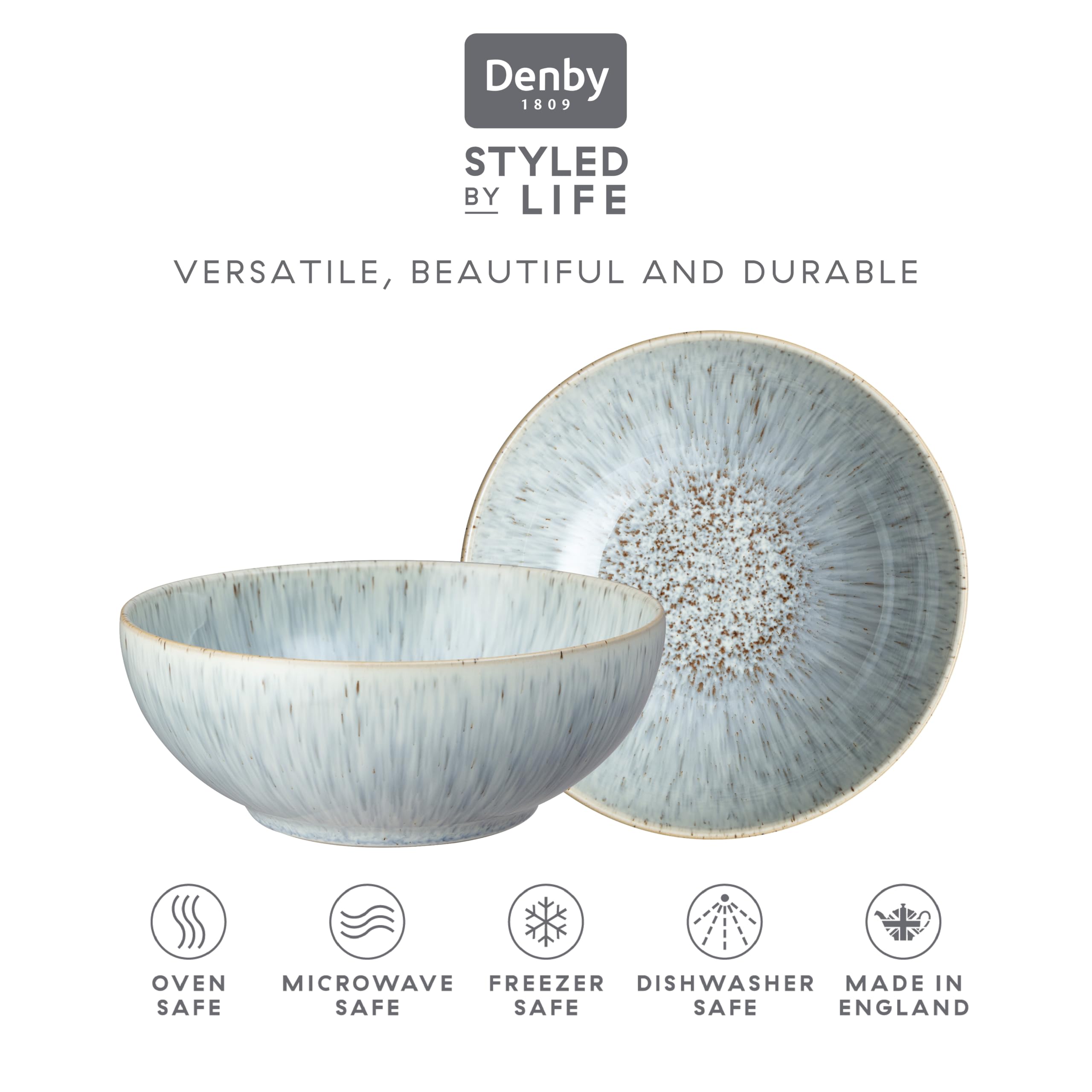 Denby Halo Speckle Cereal Bowls Set of 2 - Grey, Neutral Patterned Coupe Stoneware 3