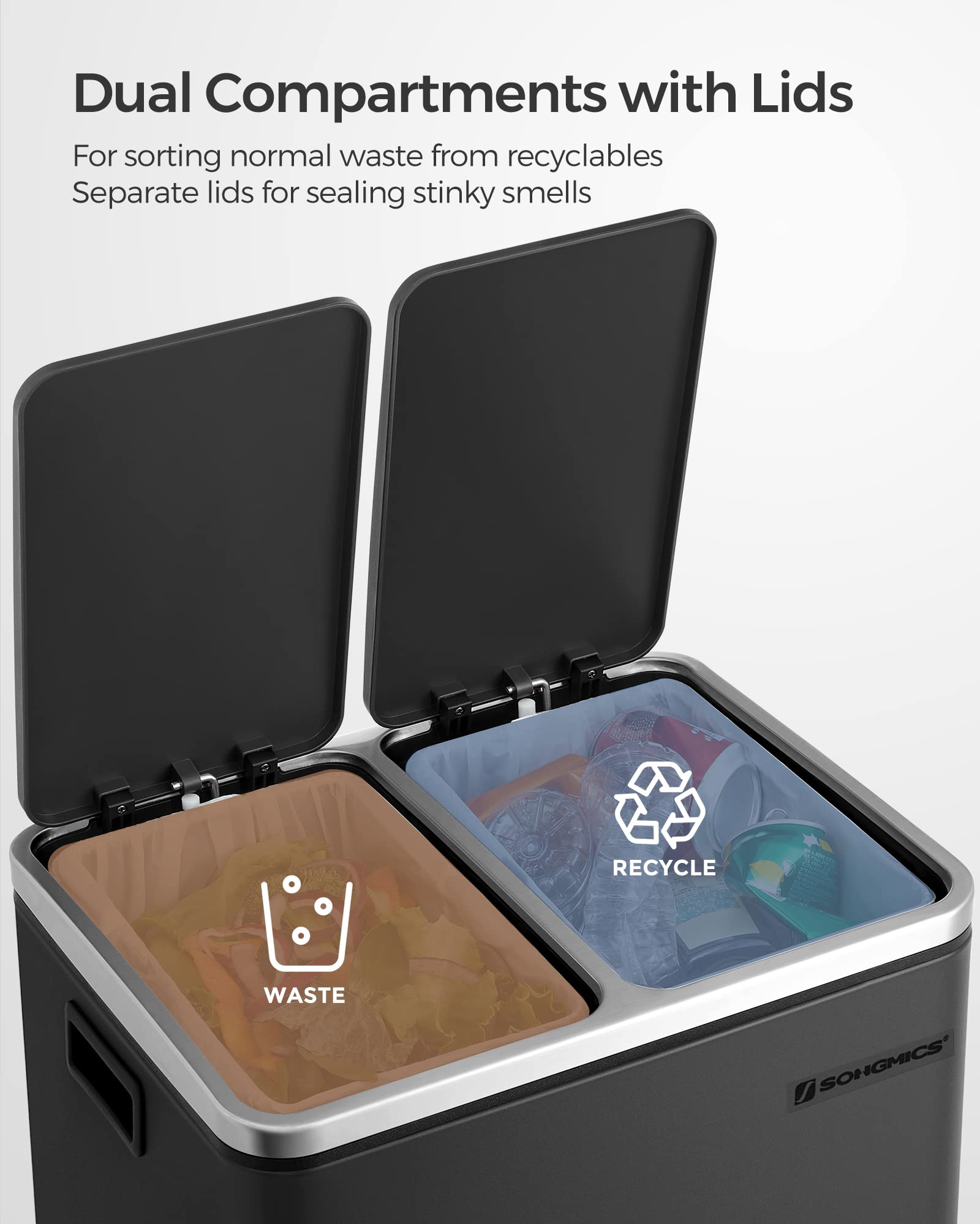 SONGMICS Dual Rubbish Bin - 2 Compartment Recycling Bin with Pedals | 2 x 15 L | Black 5