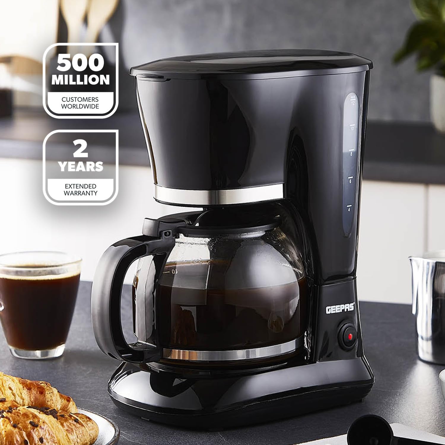 GEEPAS 1.5L Filter Coffee Machine - 800W Power, Permanent Filter, Auto Shut-Off | Black